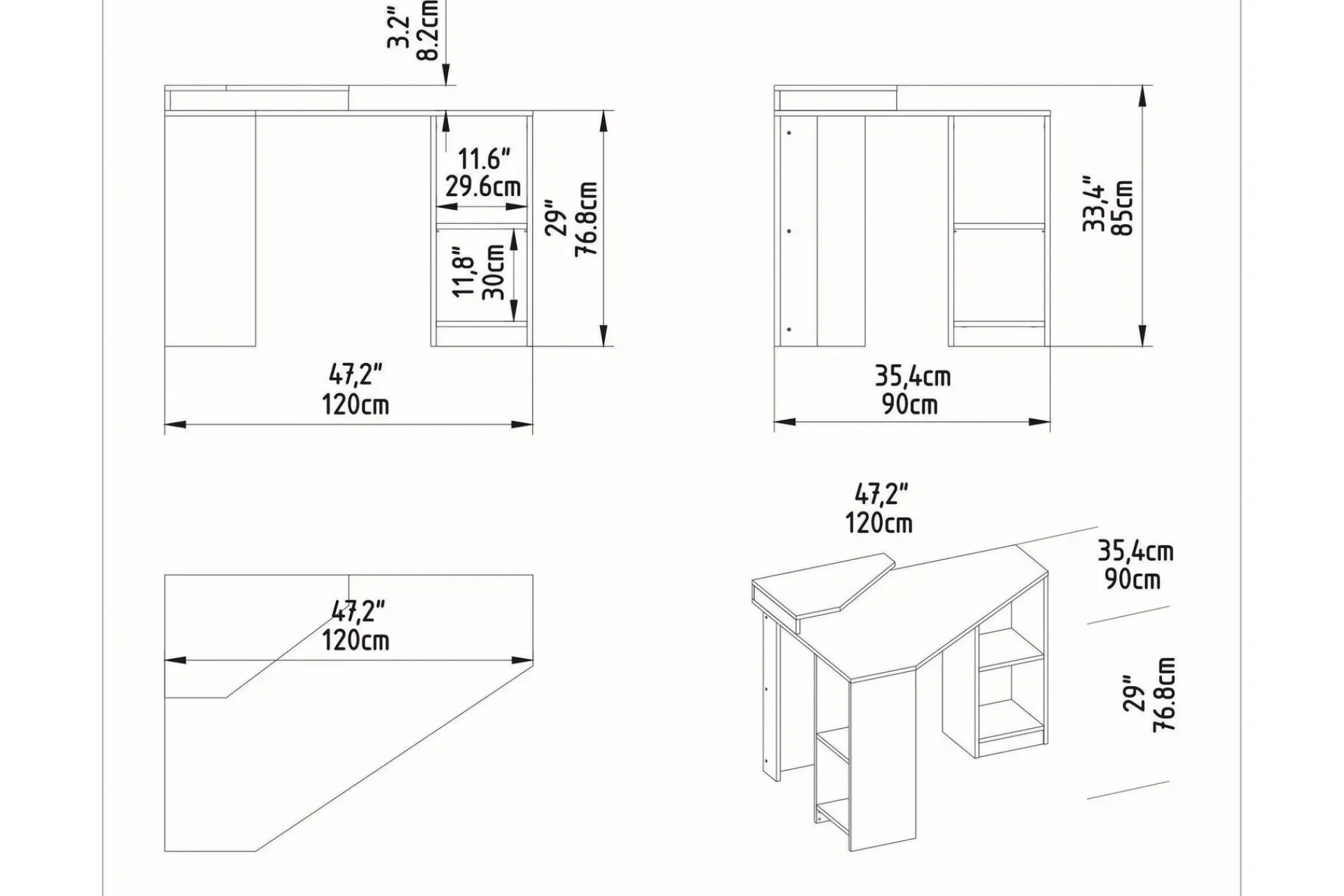 Andifli Skrivebord 90x76,8x120 cm med oppbevaring