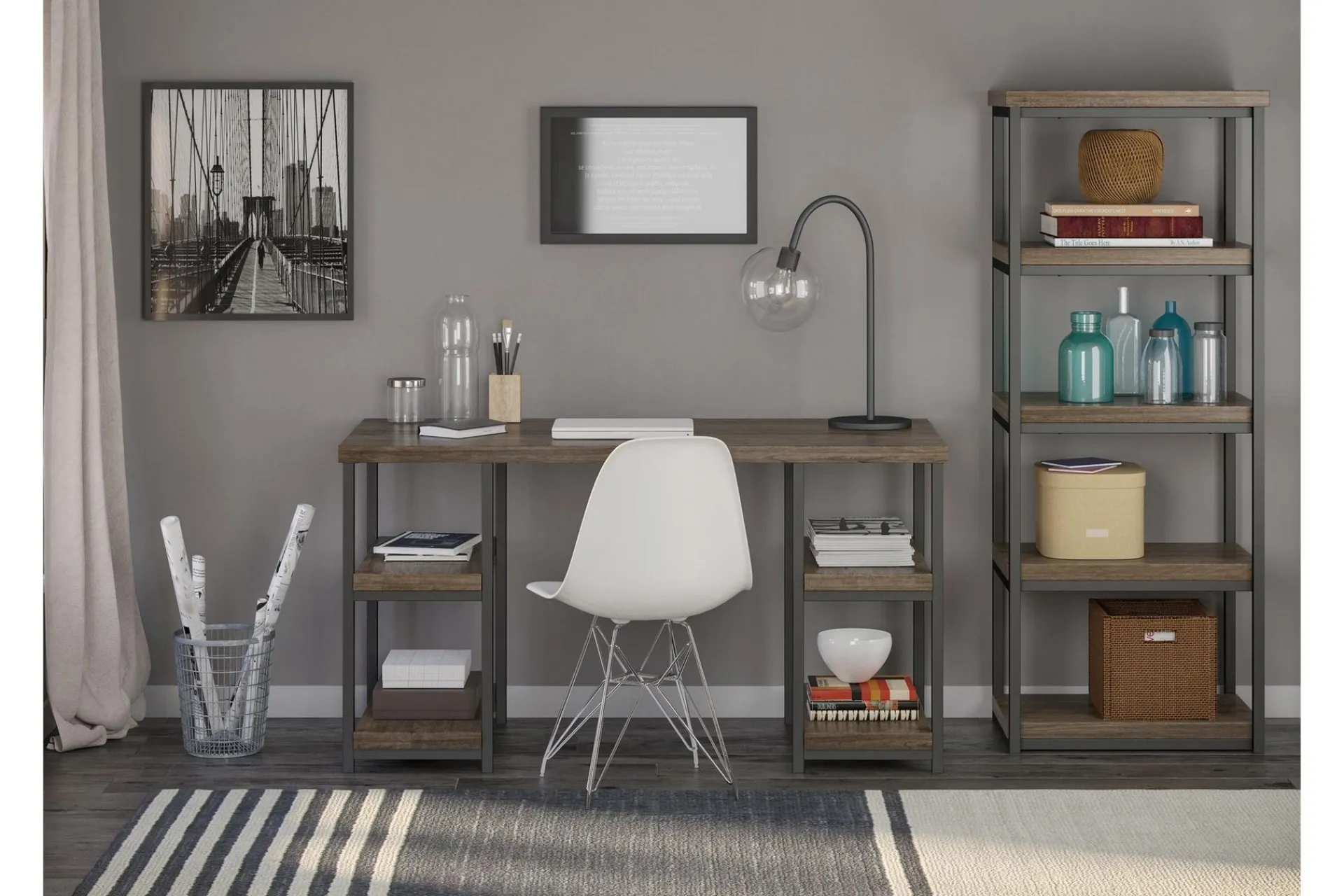 Dorel Home Kontorbord-Ashlar Skrivebord 137 cm med Oppbevaring 4 Hyller /Svart Brun