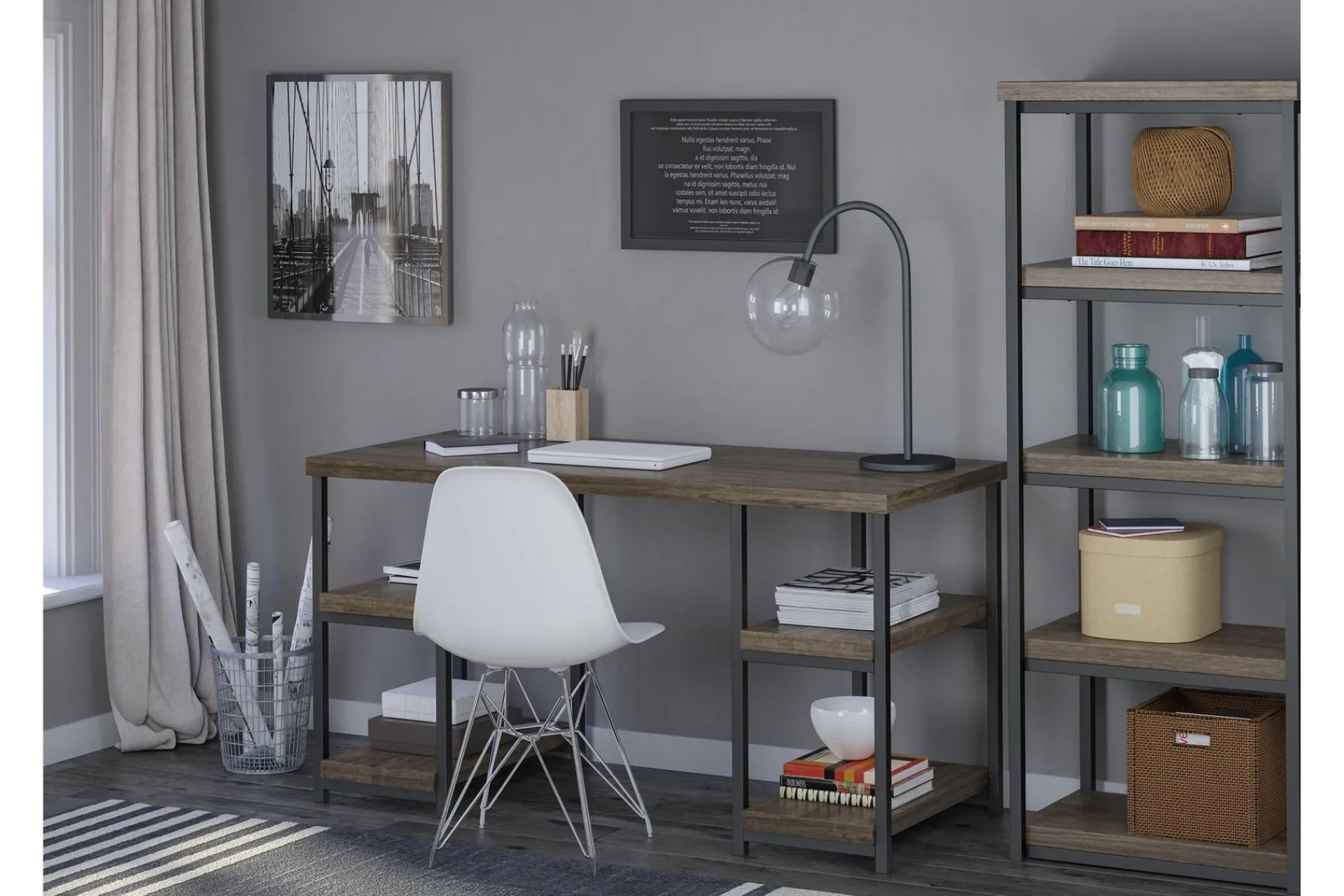Dorel Home Kontorbord-Ashlar Skrivebord 137 cm med Oppbevaring 4 Hyller /Svart Brun