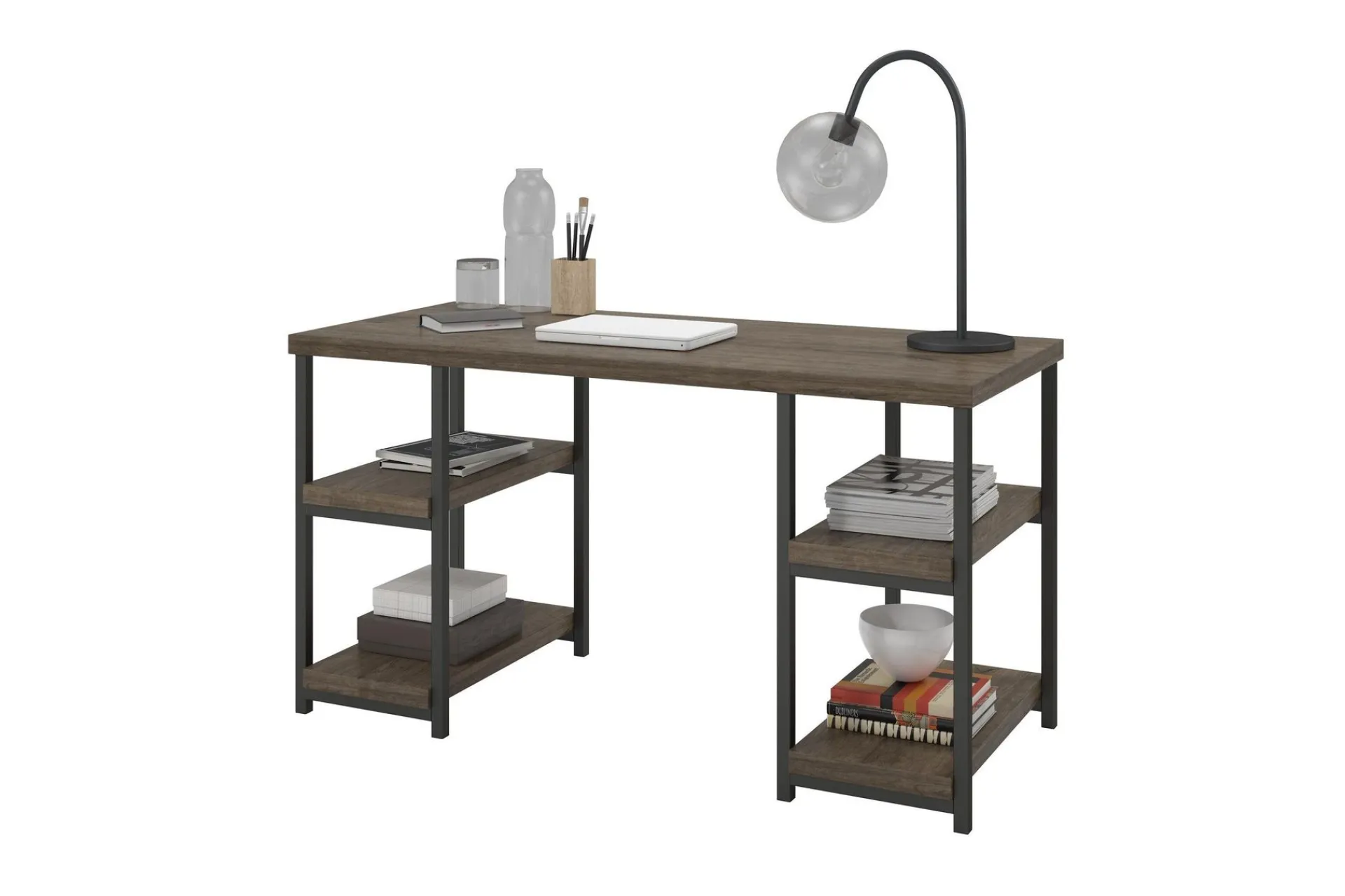 Dorel Home Kontorbord-Ashlar Skrivebord 137 cm med Oppbevaring 4 Hyller /Svart Brun