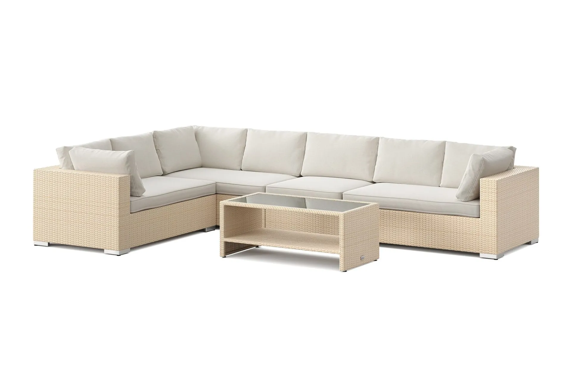 Comfort Garden Bahamas L-formet utesofa høyre, 7-seters med bord og hylle