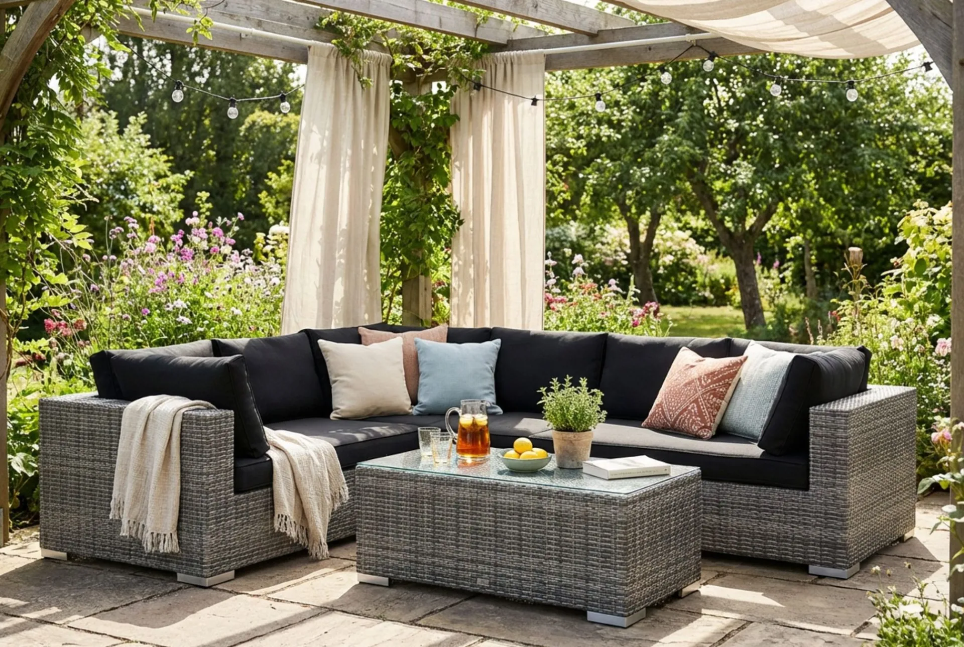 Comfort Garden Puteoppbevaring & Møbelbeskyttelse|Hagemøbler Barn-Bahamas L-formet utesofa høyre, 6-seters med bord