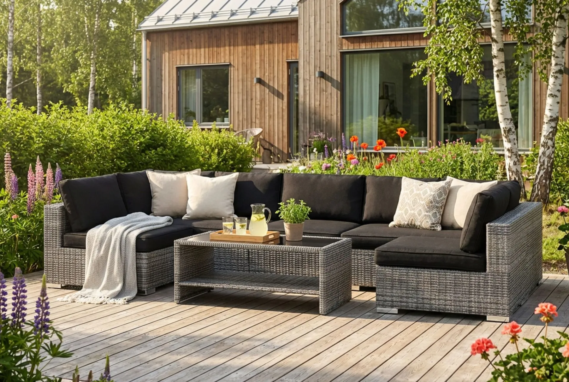 Comfort Garden Pumper Og Irrigasjon|Loungesett-Bahamas U-formet utendørs loungegruppe med åpen avslutning, 7-seters med bord og hylle Grå