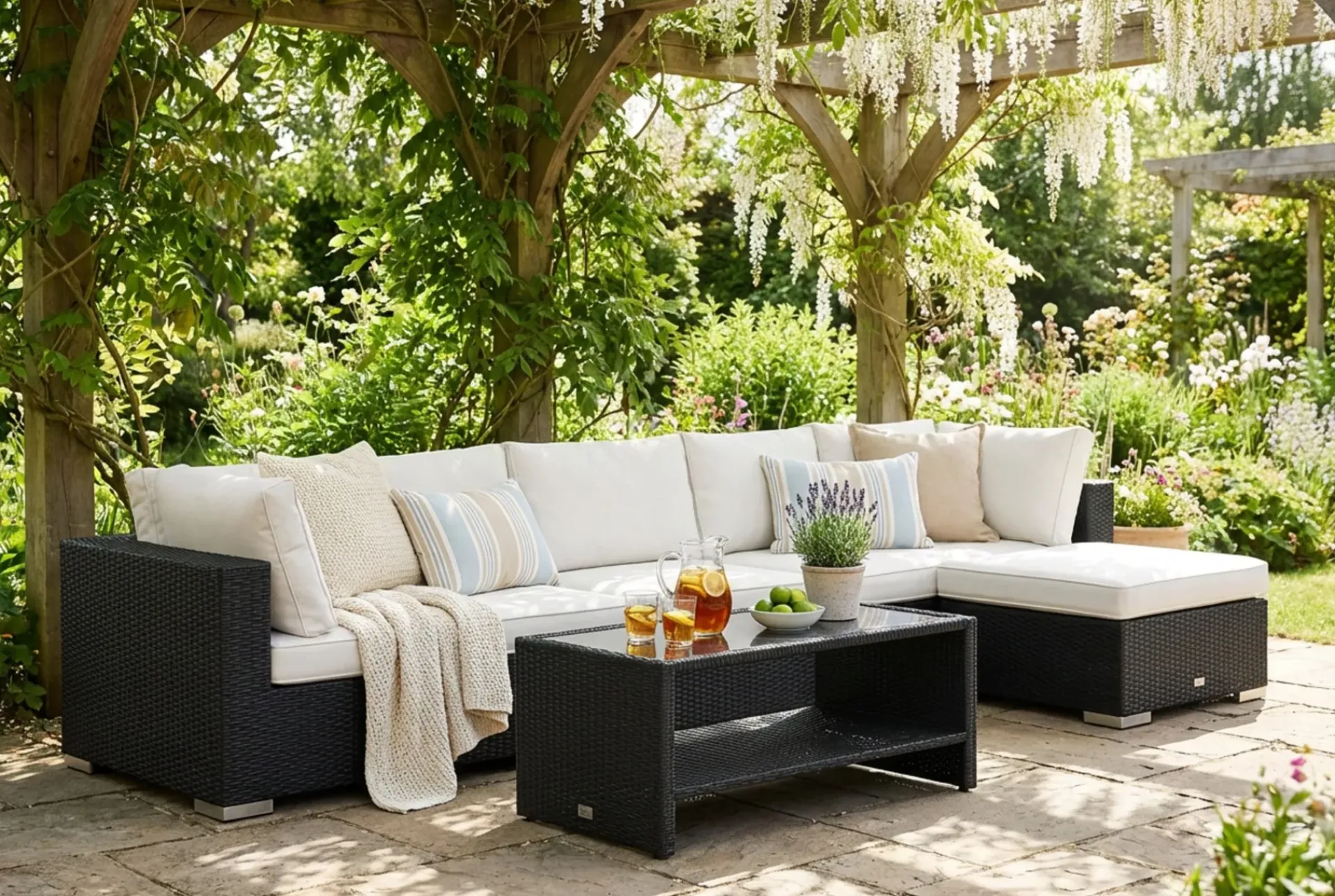 Comfort Garden Veranda & Terrasse|Loungemøbler Salg-Bahamas utendørs divansofa 6-seters med vendbar divan og bord med hylle