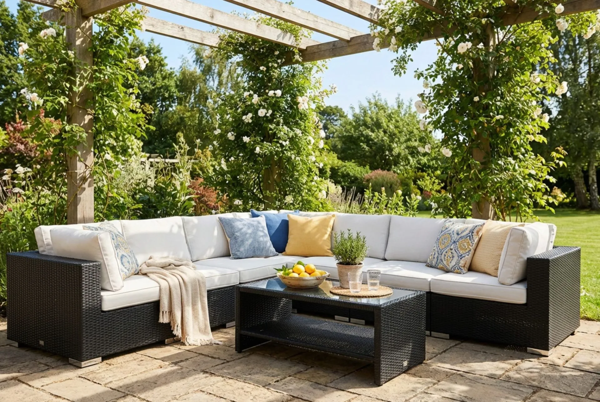 Comfort Garden Bahamas utendørs hjørnesofa 7-seters vendbar og bord med hylle