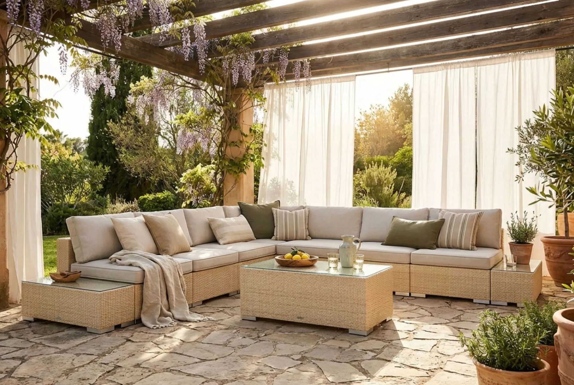 Comfort Garden Loungemøbler Salg|Loungesett-Bahamas utendørs hjørnesofa 7-seters vendbar med åpen avslutning og bord