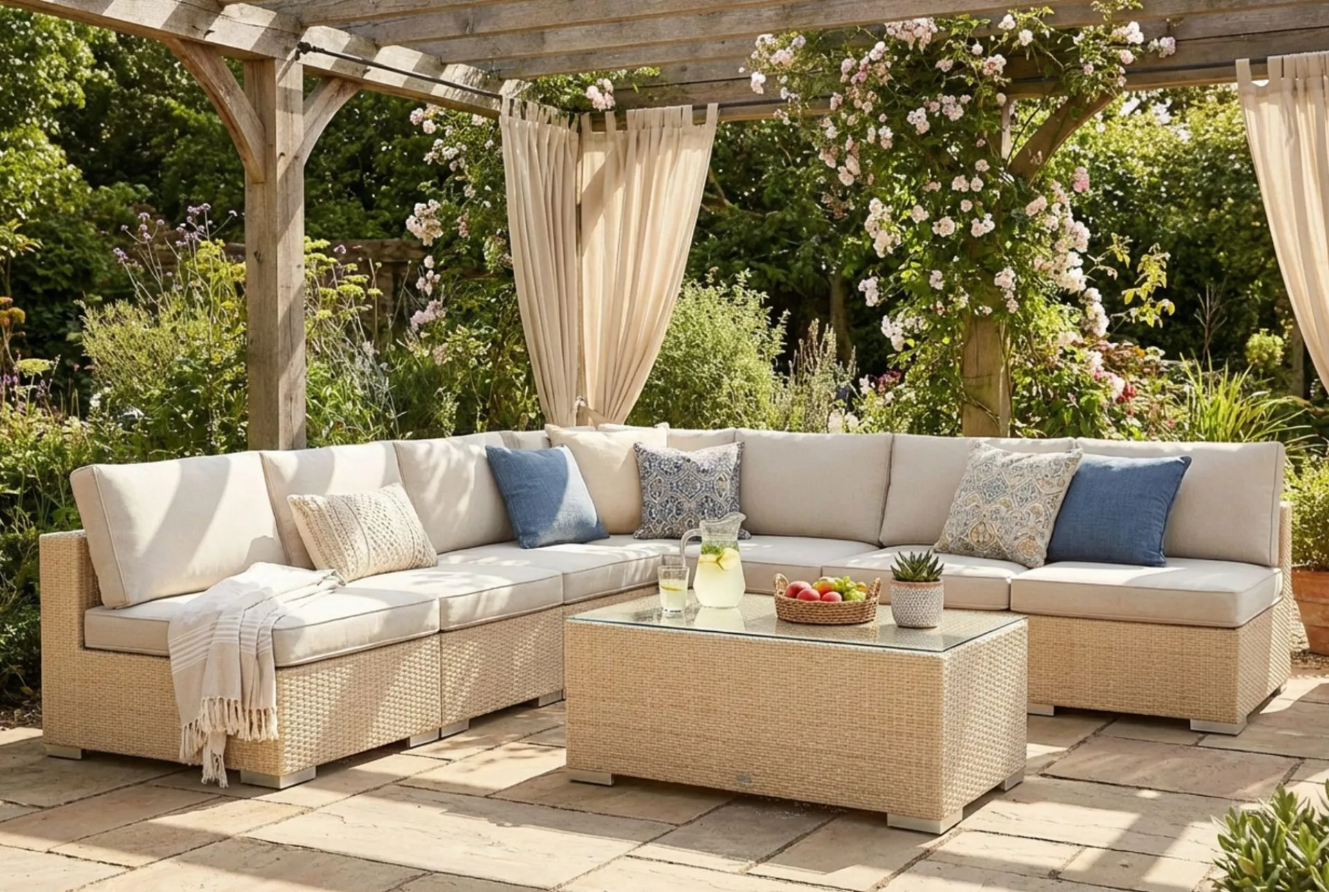 Comfort Garden Bahamas utendørs hjørnesofa 7-seters vendbar med åpen avslutning og bord
