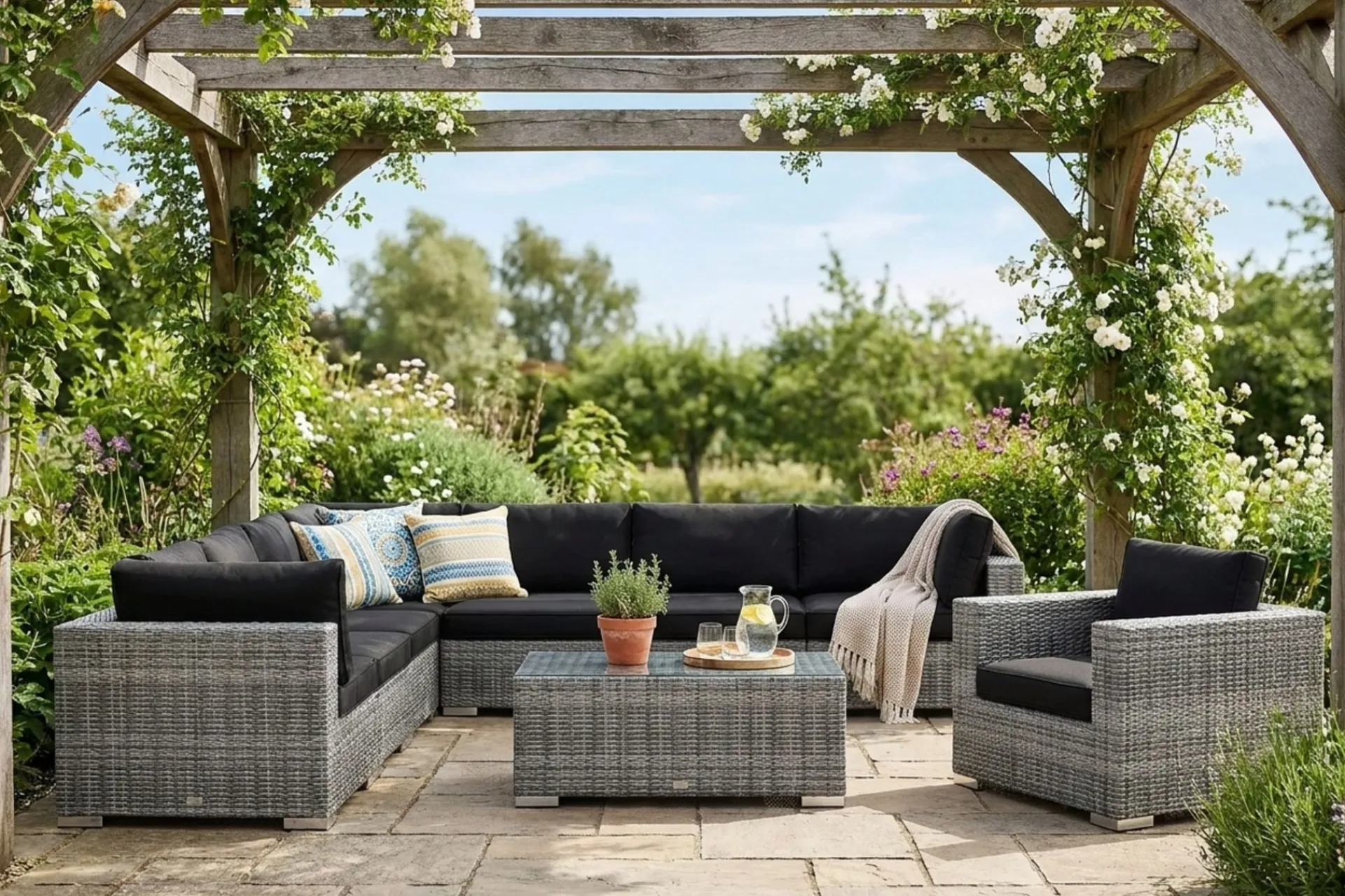 Comfort Garden Bahamas utendørs hjørnesofa 8-seters vendbar med lenestol og bord