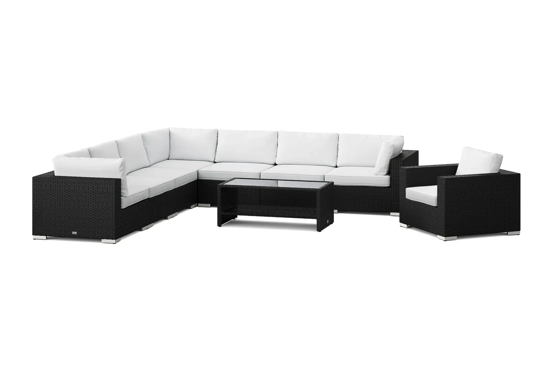 Comfort Garden Bahamas utendørs hjørnesofa 8-seters vendbar med lenestol og bord med hylle