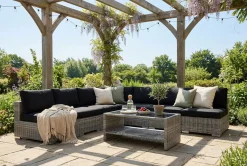 Comfort Garden Bahamas utendørs hjørnesofa 7-seters vendbar med åpen avslutning og bord med hylle