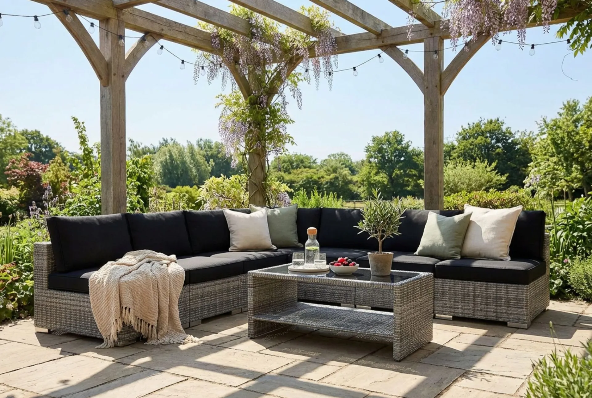 Comfort Garden Bahamas utendørs hjørnesofa 7-seters vendbar med åpen avslutning og bord med hylle