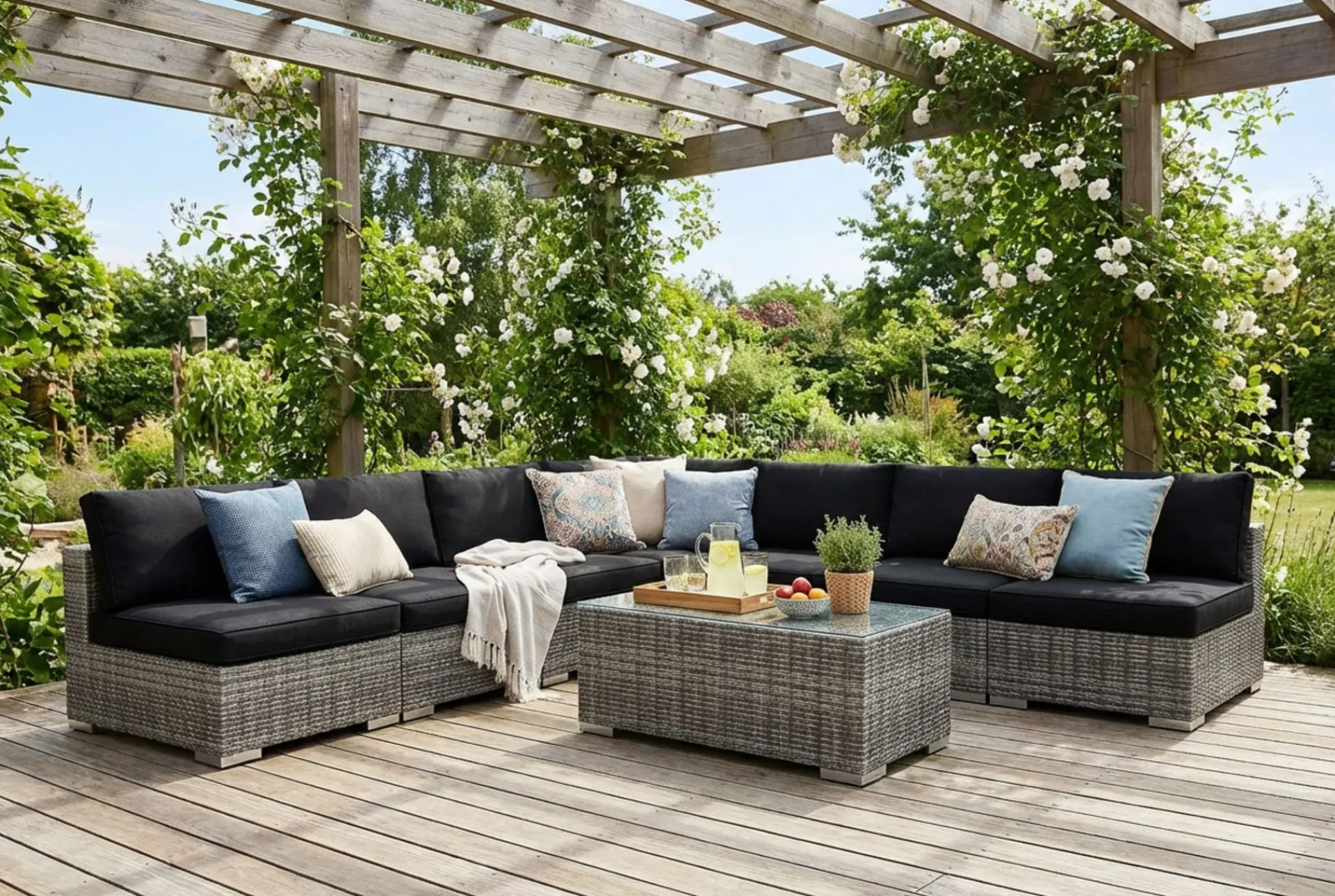 Comfort Garden Veranda & Terrasse-Bahamas utendørs hjørnesofa 7-seters vendbar med åpen avslutning og bord