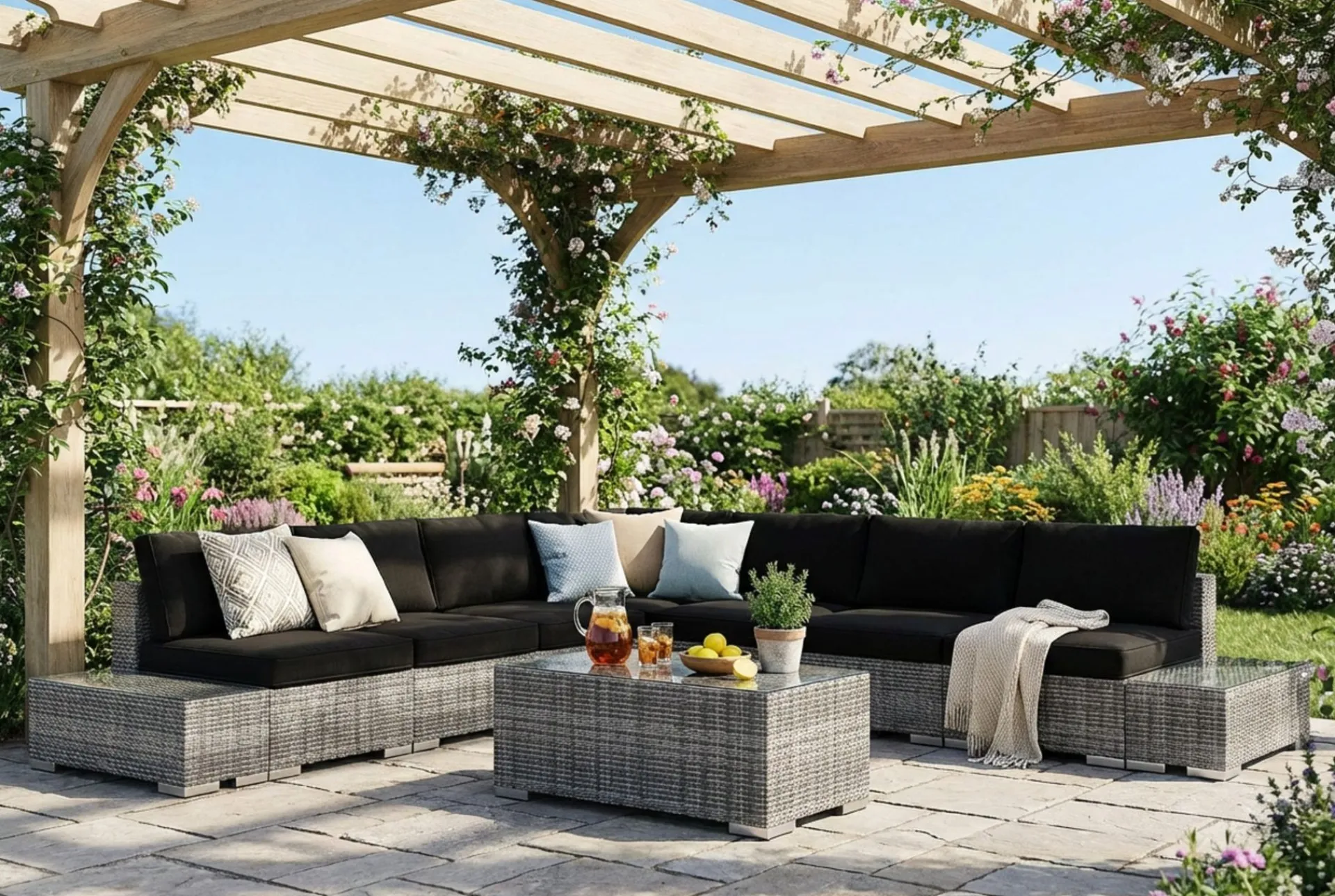 Comfort Garden Veranda & Terrasse-Bahamas utendørs hjørnesofa 7-seters vendbar med åpen avslutning og bord