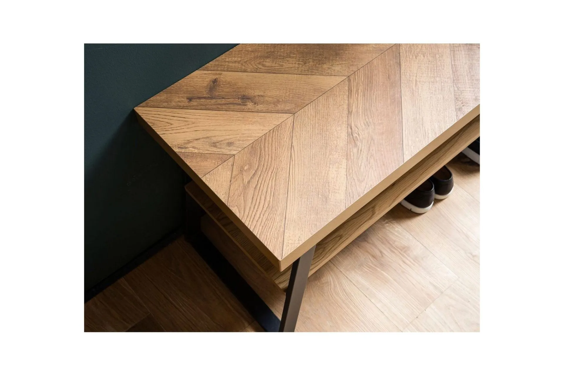 Wohnling Benk|Skohylle Med Benk-Benke Dekor i eikefiskebensmønster med hylle solid metallramme moderne utseende Brun,Svart