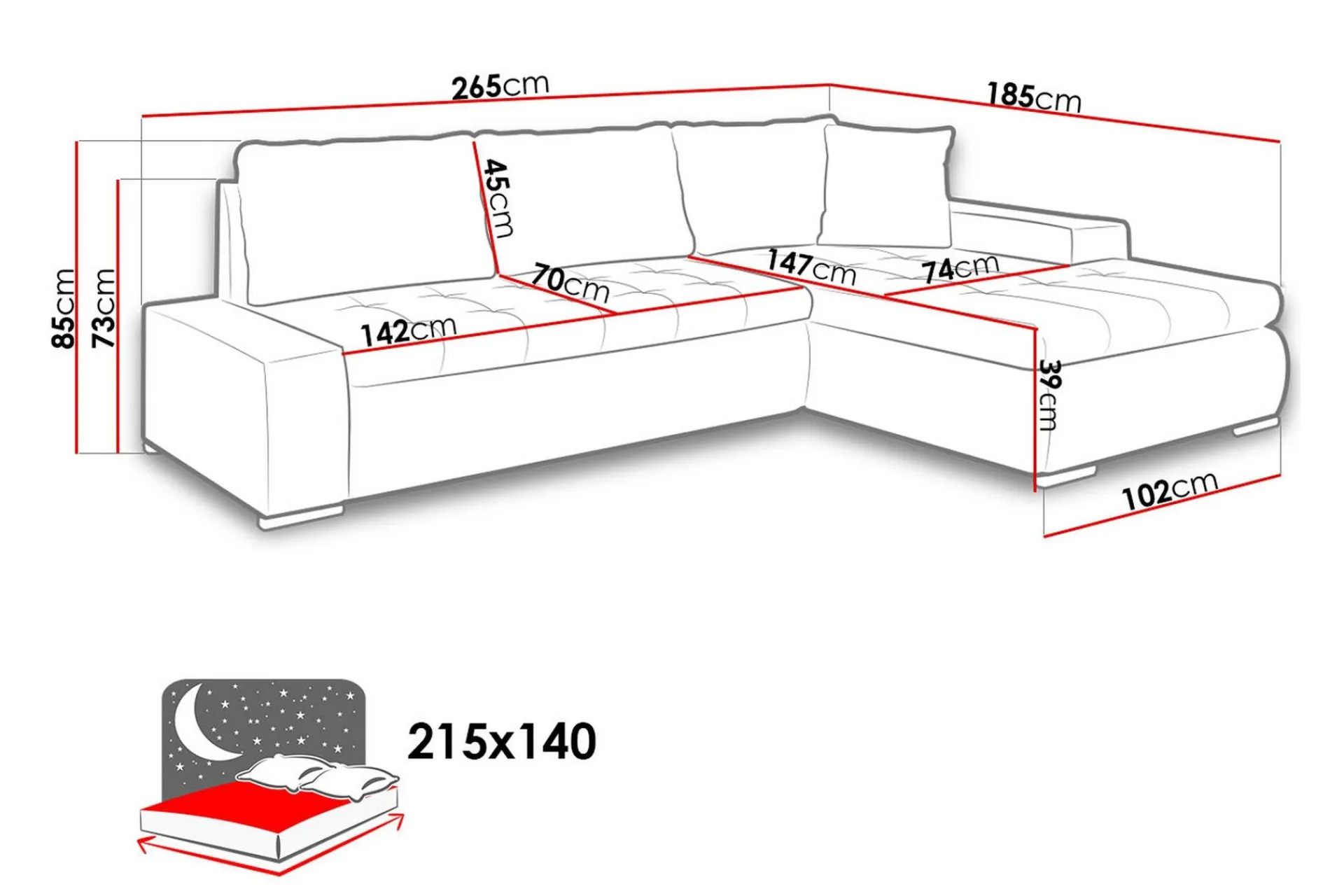 Sovesofaer-Cerys Divansovesofa 265x185x85 cm Universal Lex 5 + Lex 7