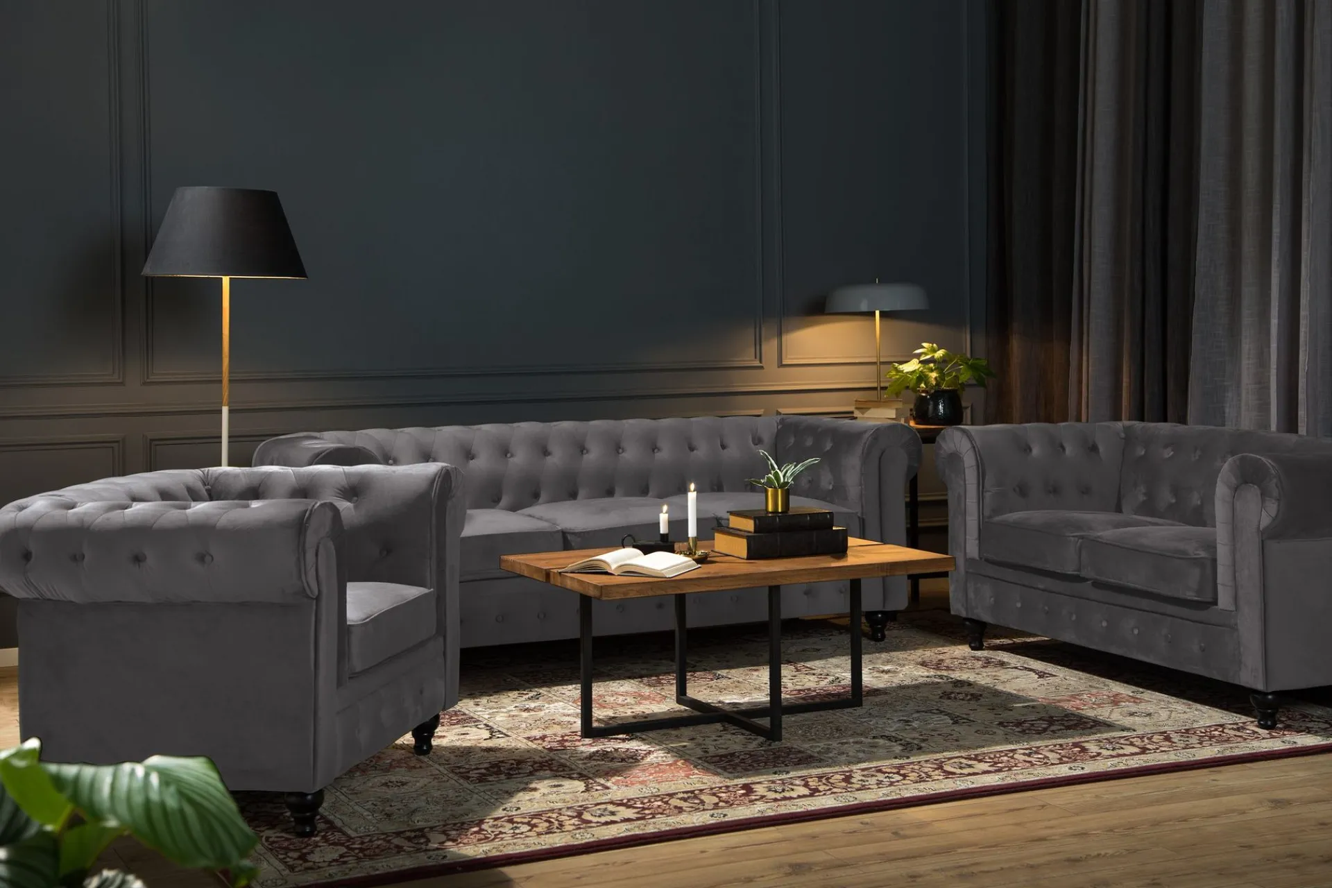 Manor House Chesterfield Luksus Sofagruppe 3+2+1 i Fløyel