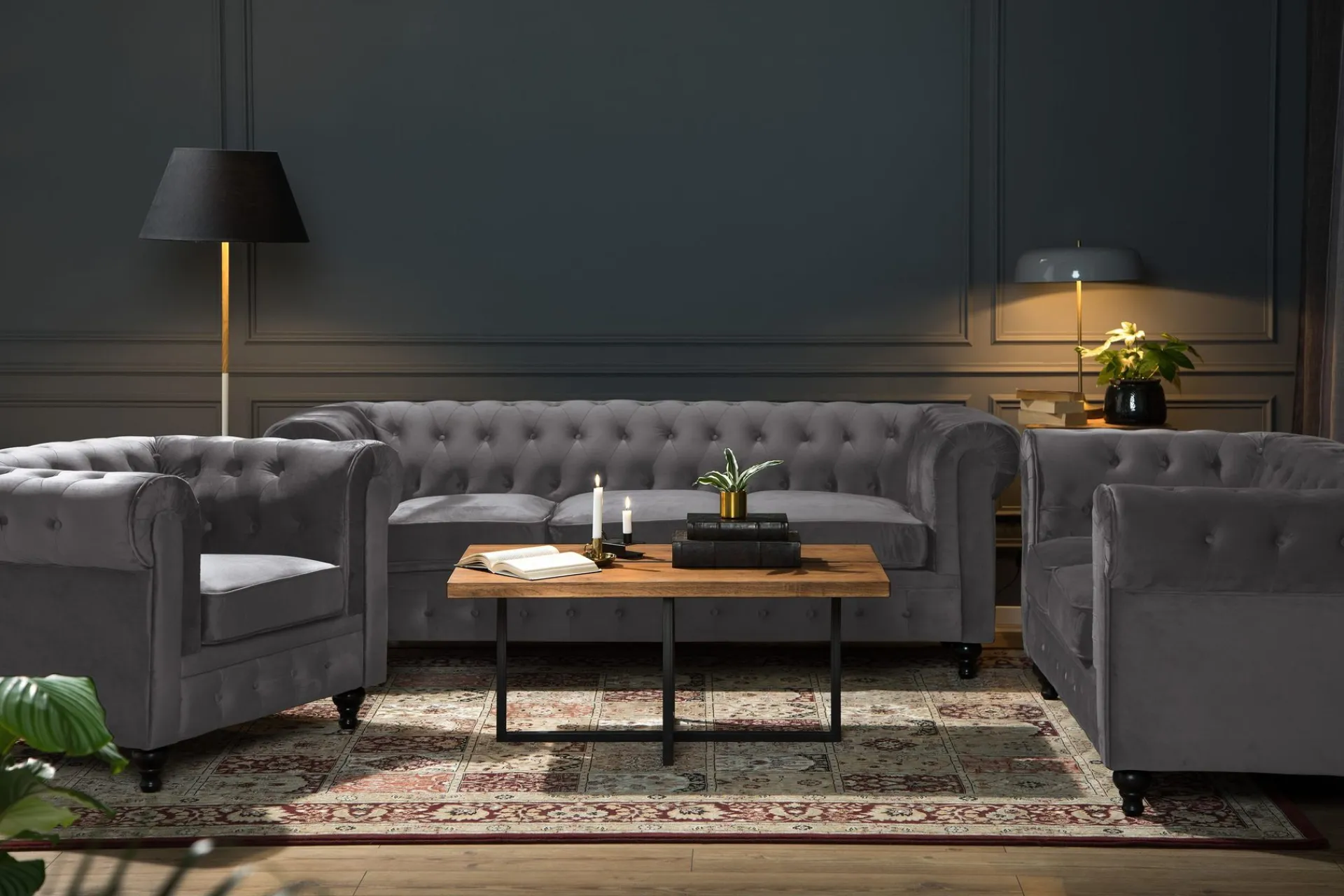 Manor House Chesterfield Luksus Sofagruppe 3+2+1 i Fløyel