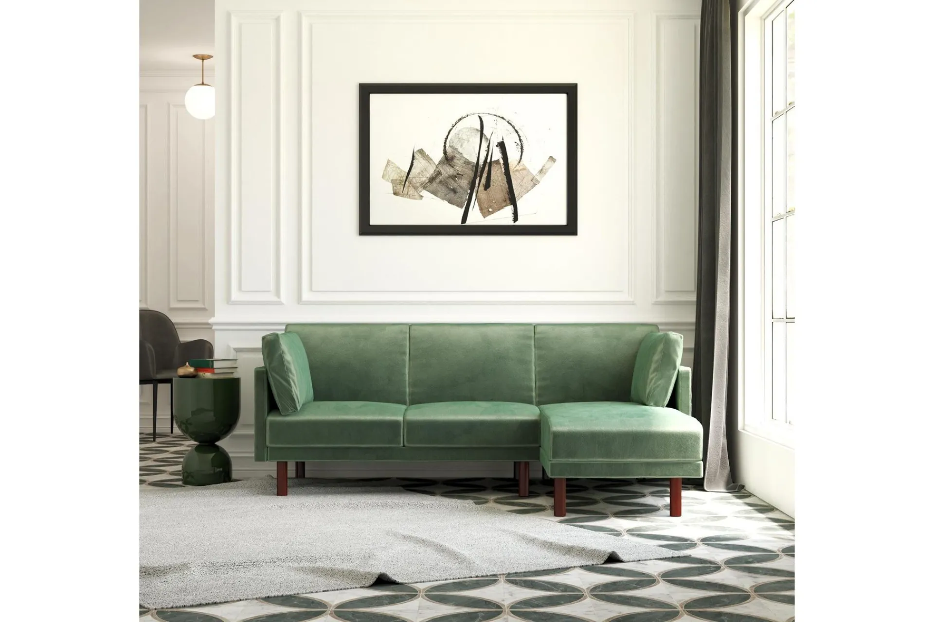 Dorel Home Velour Sofa & Fløyel Sofa-Clair 3-seters Sovesofa med Sjeselong Justerbar Fløyel/ Grønn