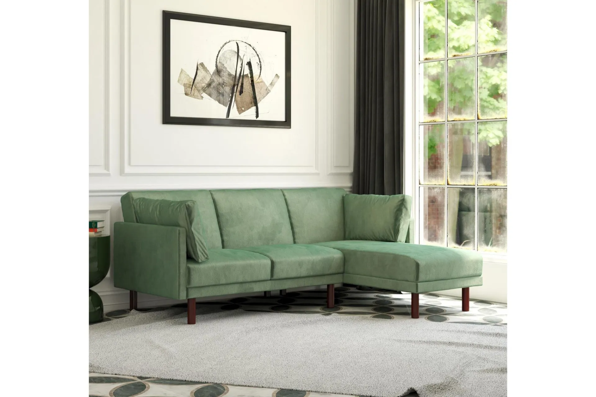 Dorel Home Velour Sofa & Fløyel Sofa-Clair 3-seters Sovesofa med Sjeselong Justerbar Fløyel/ Grønn
