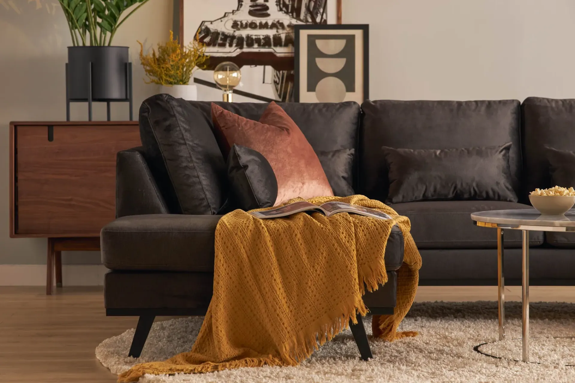 Scandinavian Choice Velour Sofa & Fløyel Sofa|U-Sofa-Copenhagen Compact 4-seters Venstrevendt U-formet Large Sofa med Divan og Sjeselong i Fløyel Mørkegrå