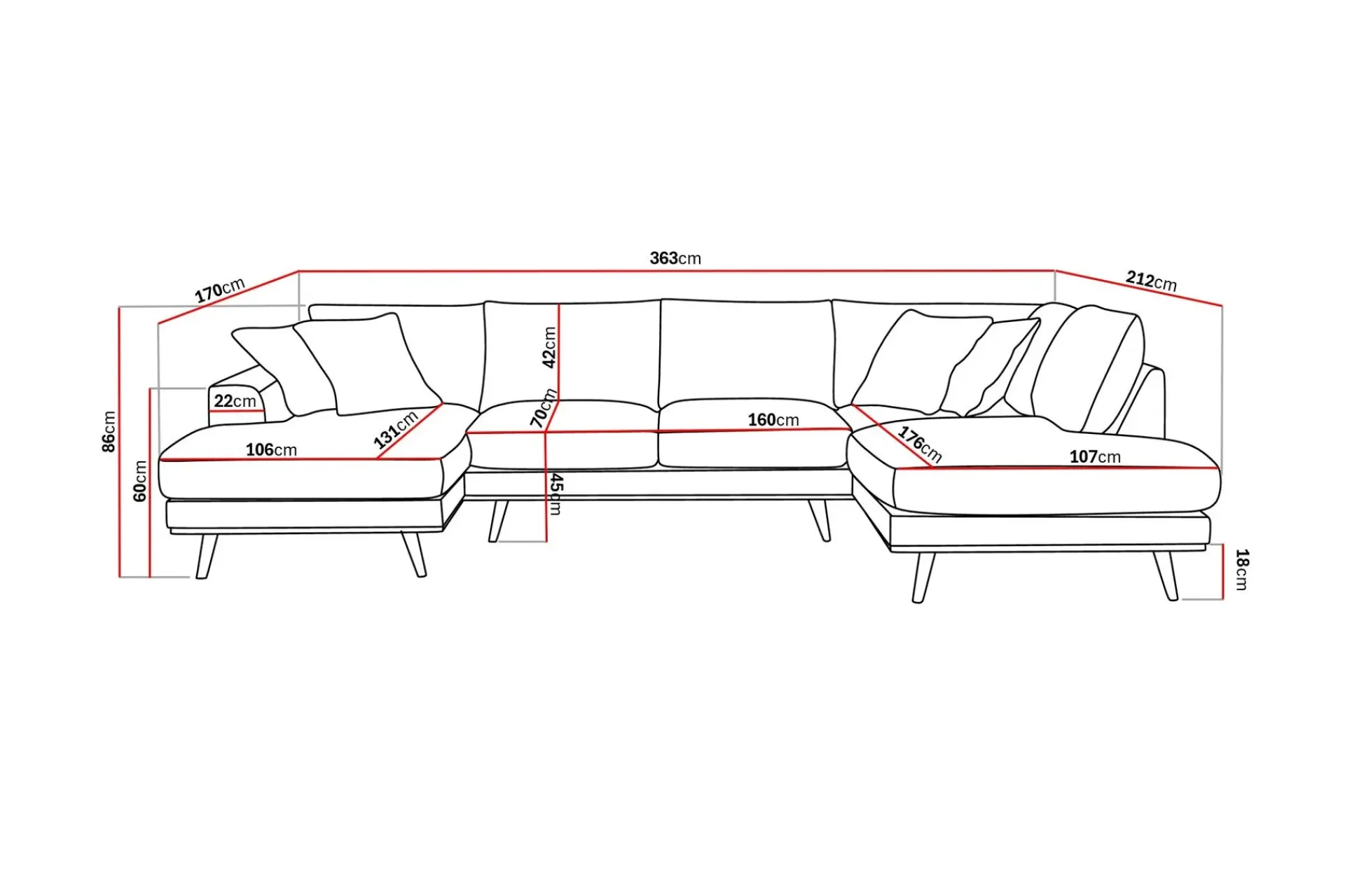 Scandinavian Choice U-Sofa-Copenhagen Premium 5-personers Højrevendt U-formet Dyb Sofa med Divan og Chaiselong i Stoff Ljusbrun