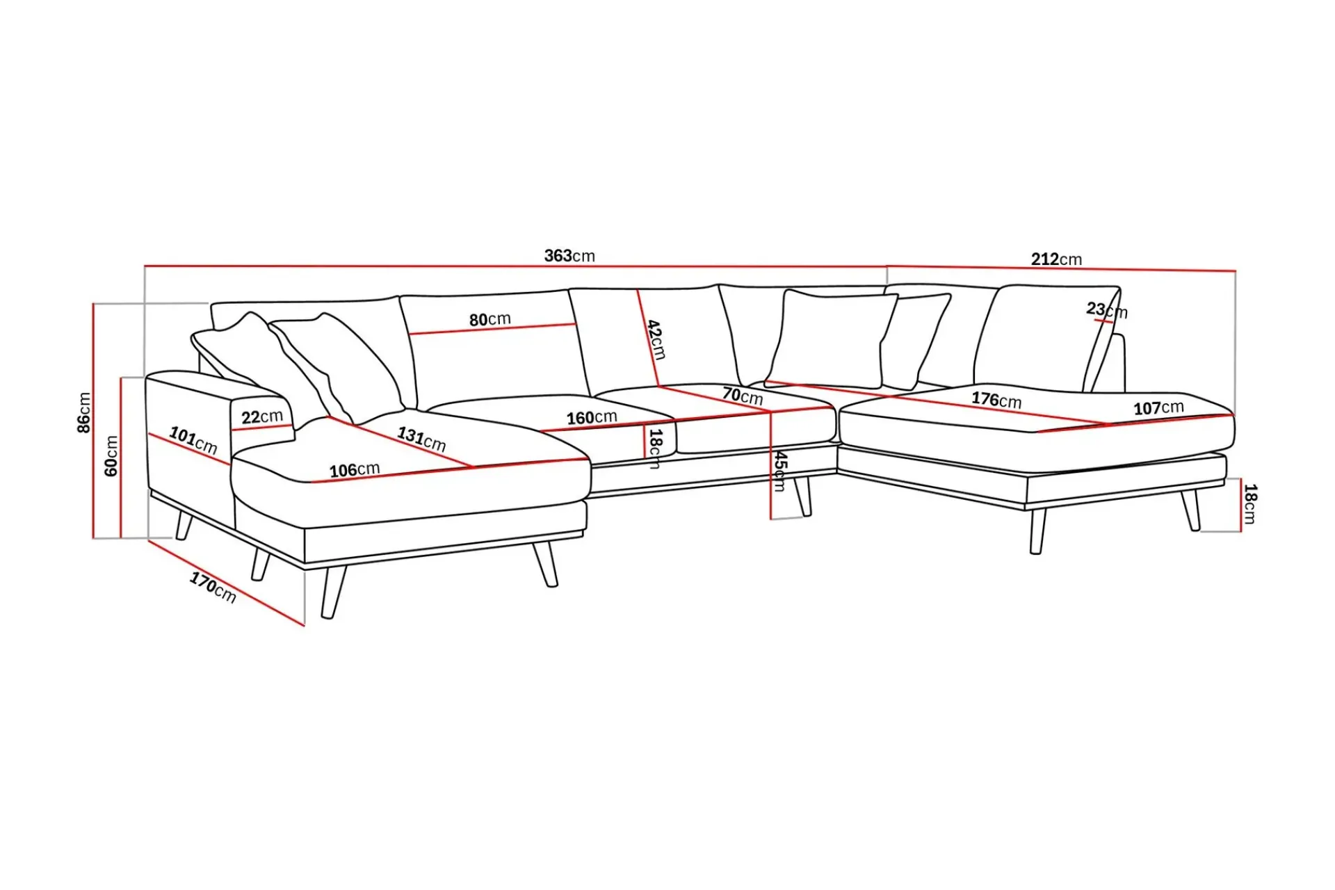 Scandinavian Choice U-Sofa-Copenhagen Premium 5-personers Højrevendt U-formet Dyb Sofa med Divan og Chaiselong i Stoff Ljusbrun
