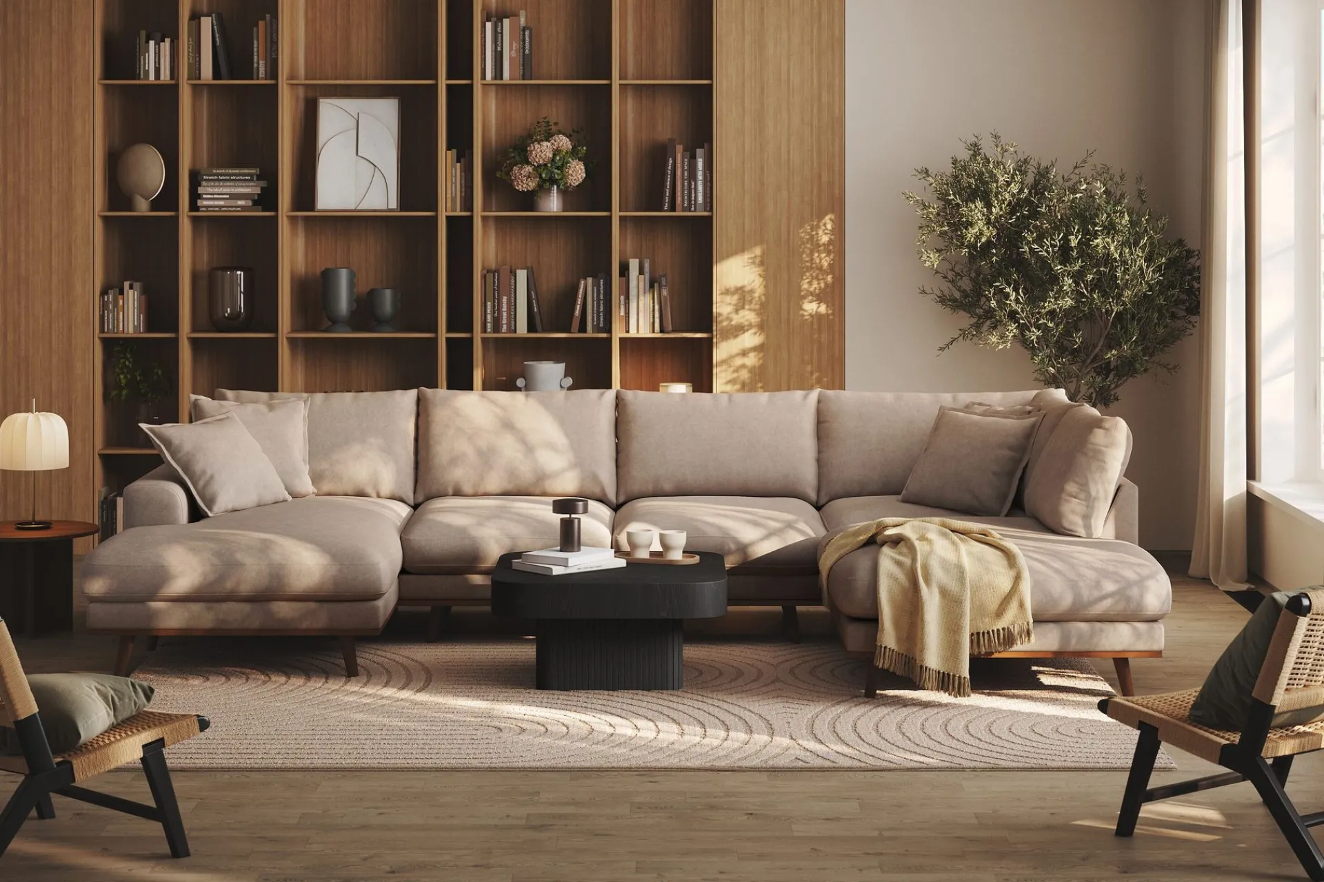 Scandinavian Choice U-Sofa-Copenhagen Premium 5-personers Højrevendt U-formet Dyb Sofa med Divan og Chaiselong i Stoff Ljusbrun