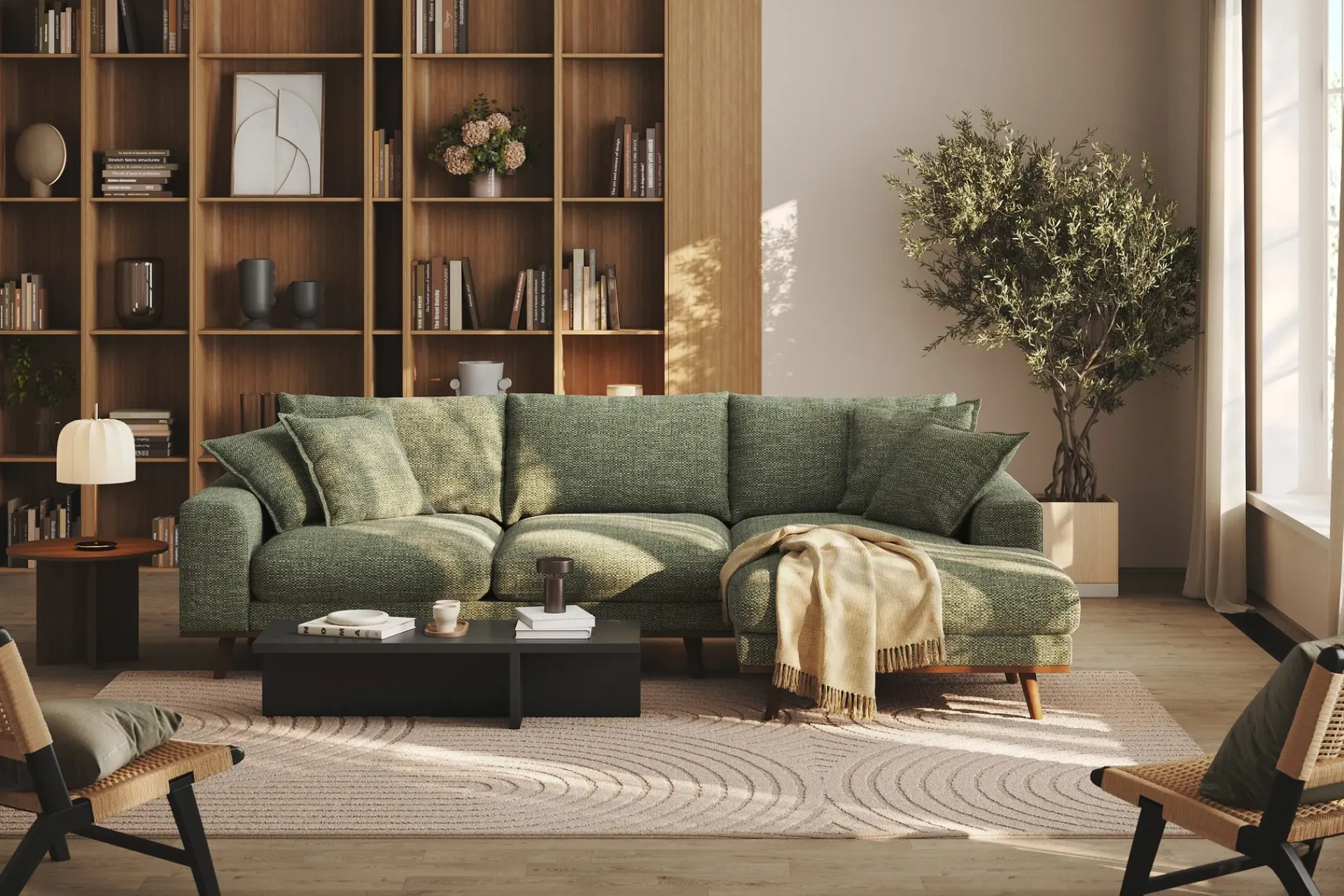Scandinavian Choice Sofa Med Sjeselong-Copenhagen Premium 4-personers Højrevendt L-formet Dyb Divansofa i Chenille Grønn