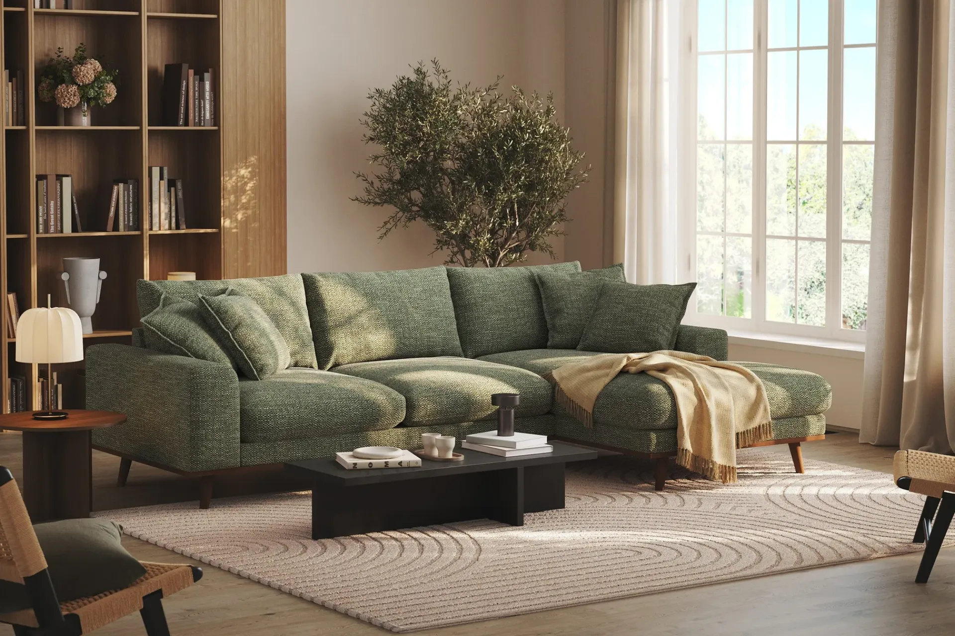 Scandinavian Choice Sofa Med Sjeselong-Copenhagen Premium 4-personers Højrevendt L-formet Dyb Divansofa i Chenille Grønn