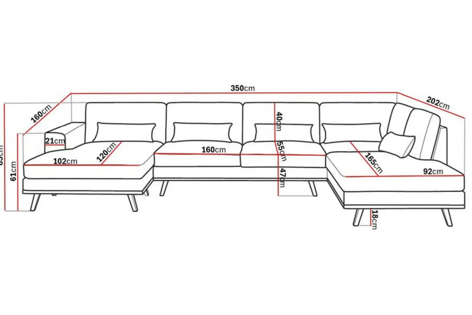 Scandinavian Choice Copenhagen 5-seters Høyrevendt U-formet Sofa med Divan og Sjeselong i Fløyel