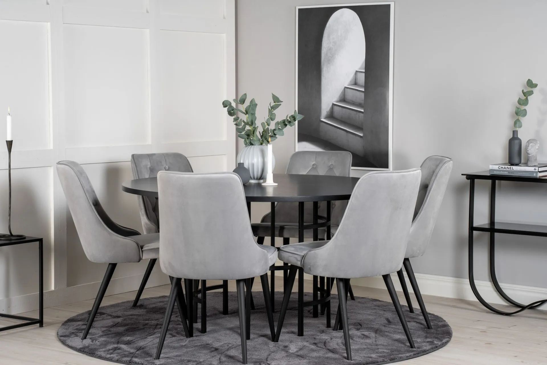 Venture Home Spisegrupper-Copenhagen Spisegruppe 140 cm Rund med 6 Velvet Stoler Svart,Lysegrå