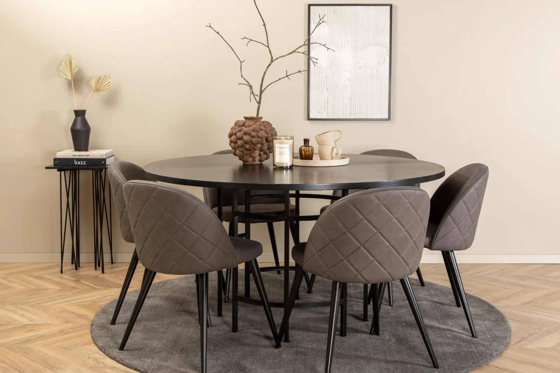 Venture Home Spisegrupper-Copenhagen Spisegruppe 140 cm Rund med 6 Velvet Stoler Svart,Grå