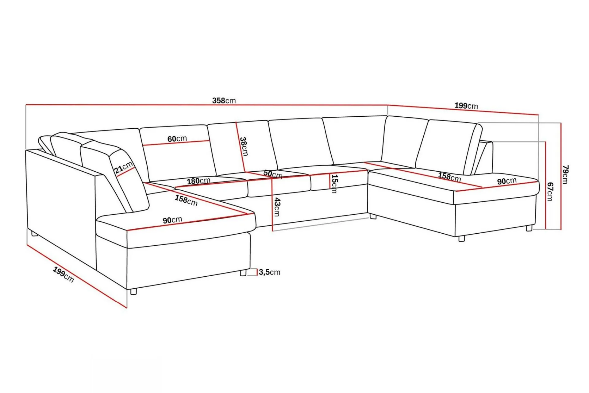 Basic Home Crazy 5-seters U-formet Sofa med Dobbel Sjeselong i Stoff
