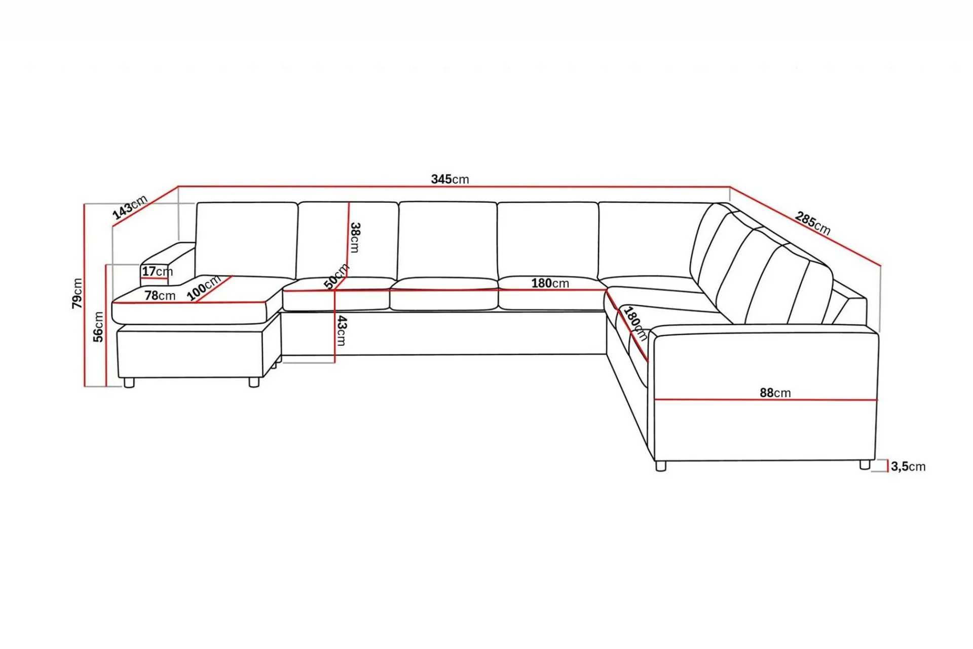 Basic Home Crazy 7-seters Vendbar U-formet XX-Large Hjørnesofa med Divan i Stoff