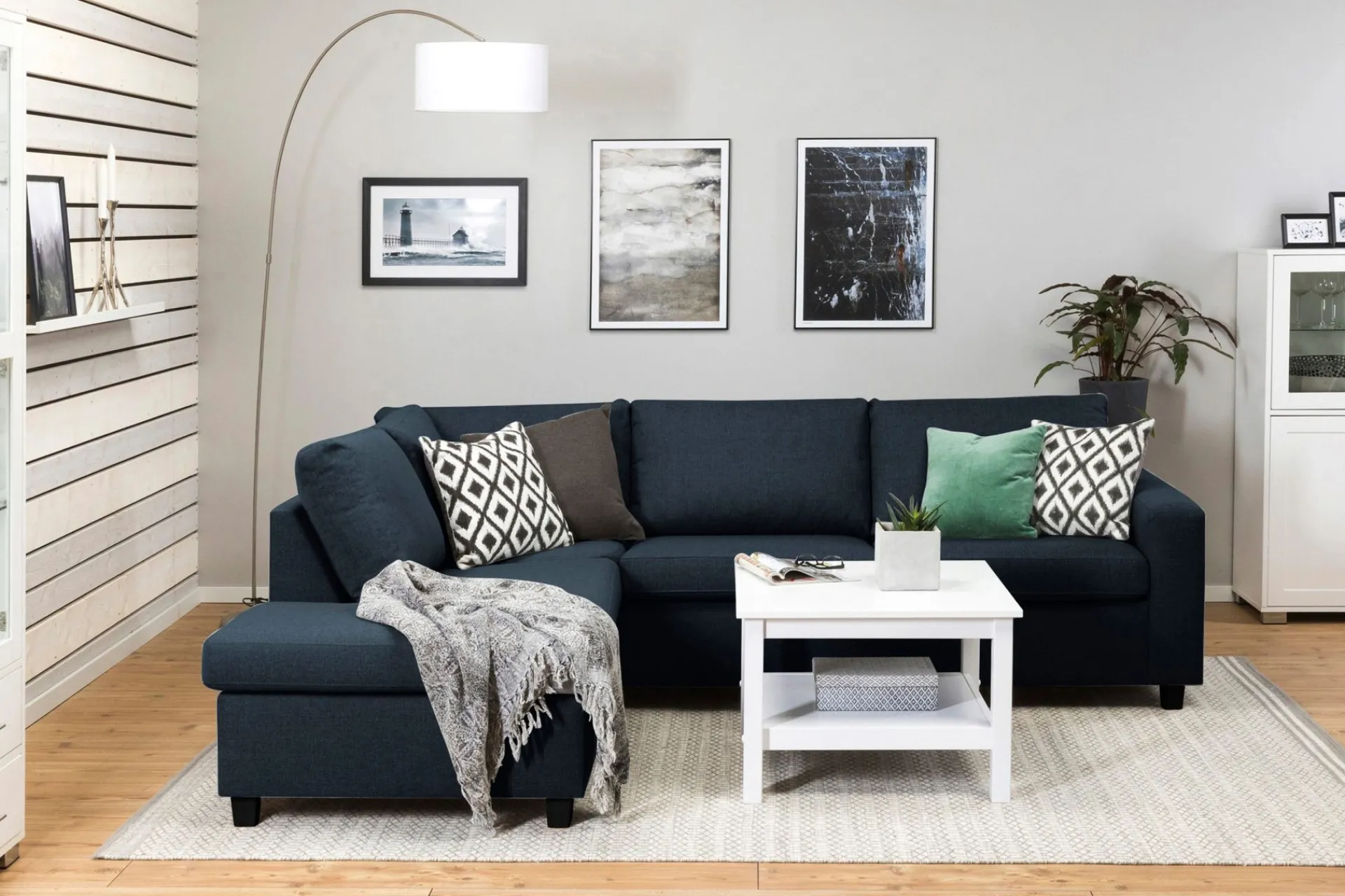 Basic Home Sofa Med Sjeselong-Crazy 3-seters Venstrevendt L-formet Sjeselongsofa i Stoff Blå