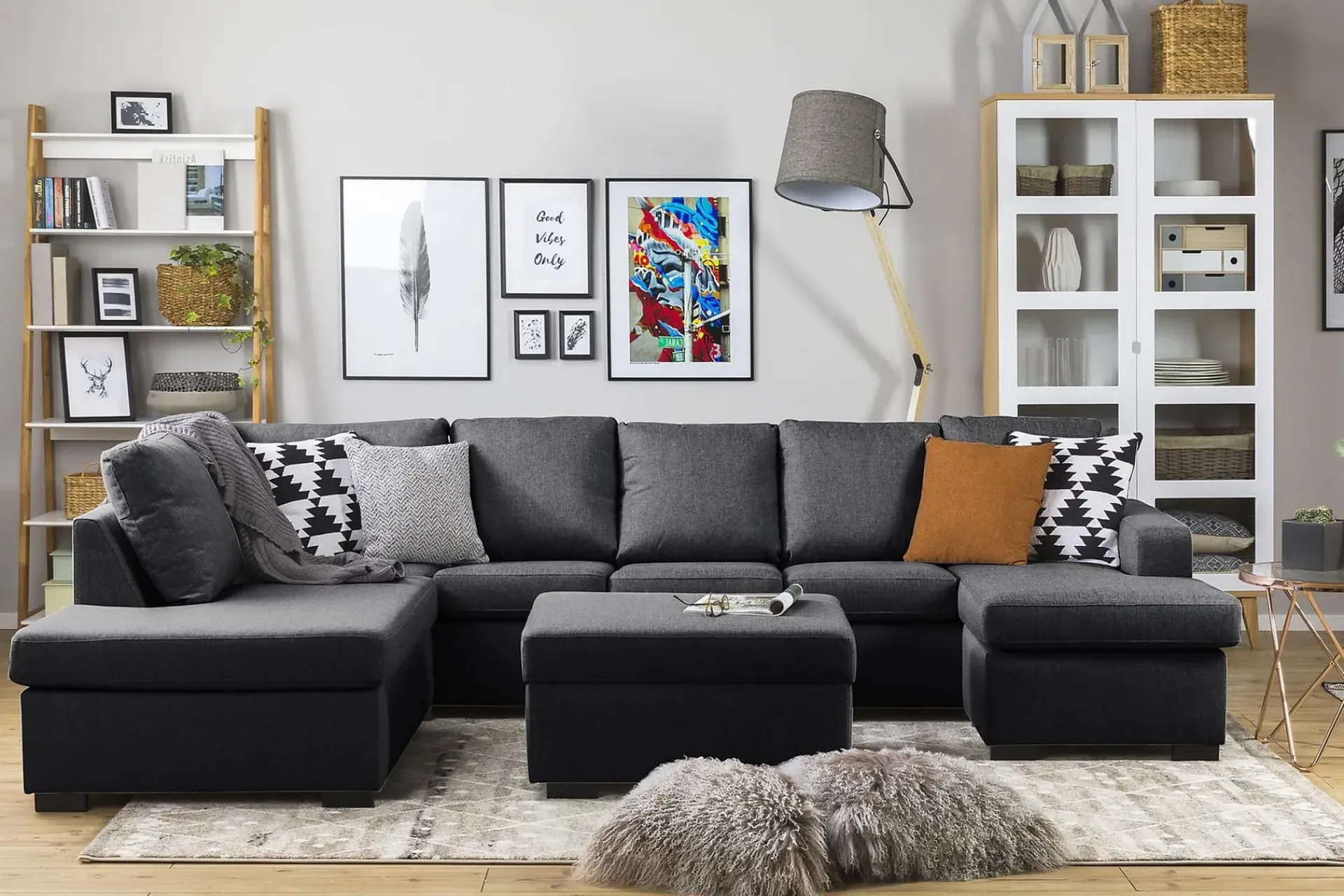 Basic Home U-Sofa-Crazy 5-seters Venstrevendt U-formet Sofa med Divan og Sjeselong i Stoff Mørkegrå