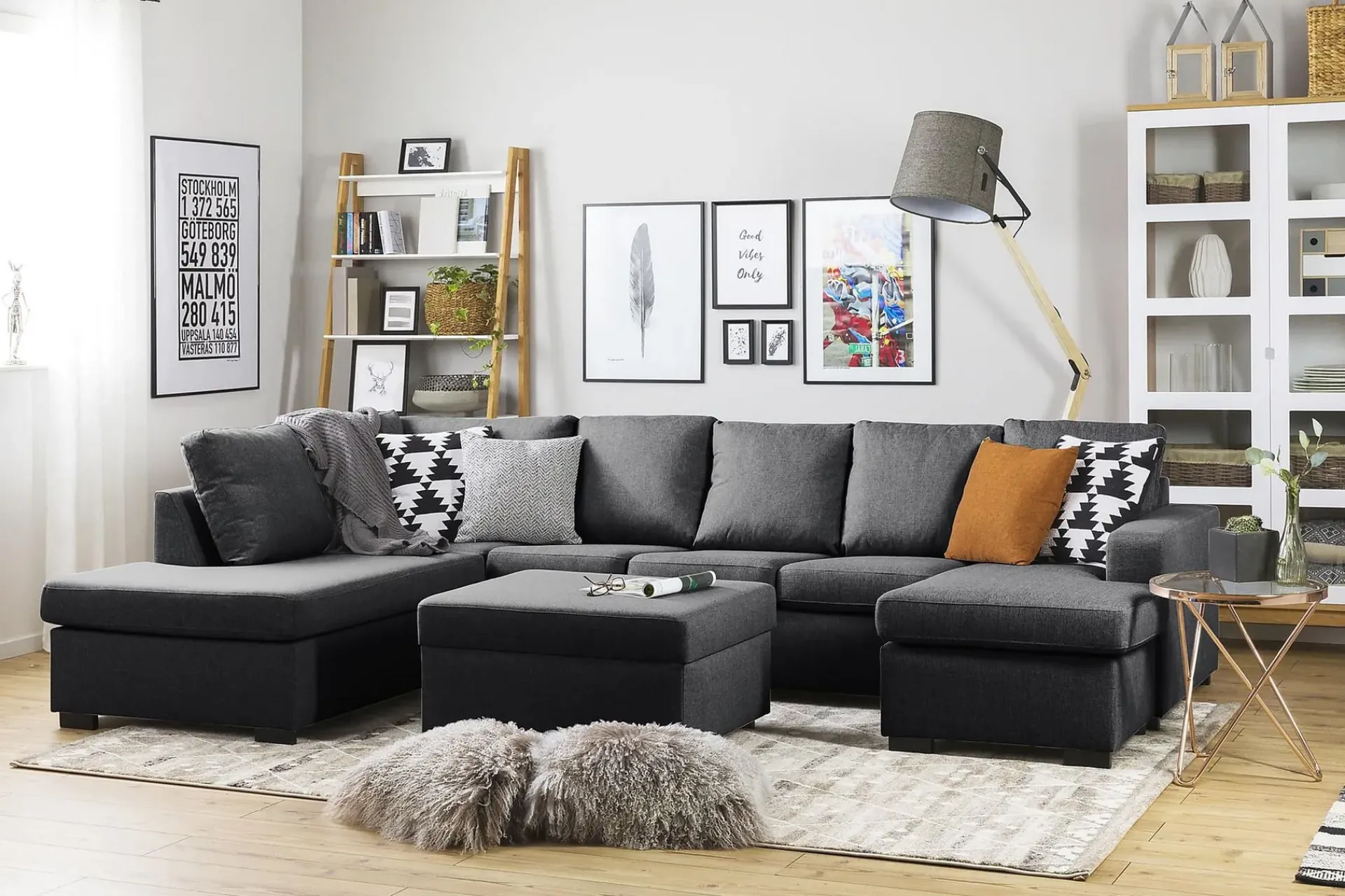 Basic Home U-Sofa-Crazy 5-seters Venstrevendt U-formet Sofa med Divan og Sjeselong i Stoff Mørkegrå