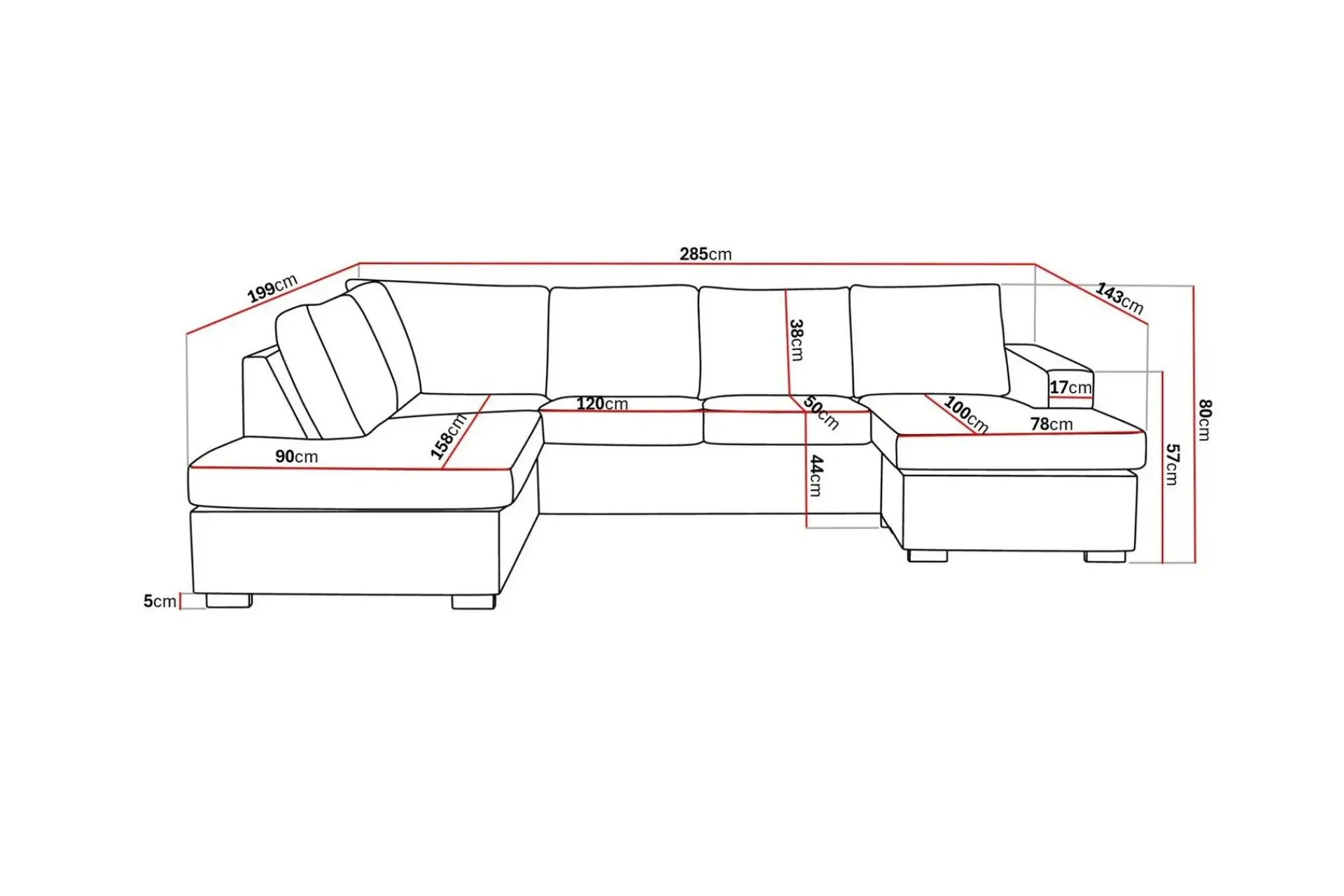 Basic Home Crazy 4-seters Venstrevendt U-formet Large Sofa med Divan og Sjeselong i Stoff