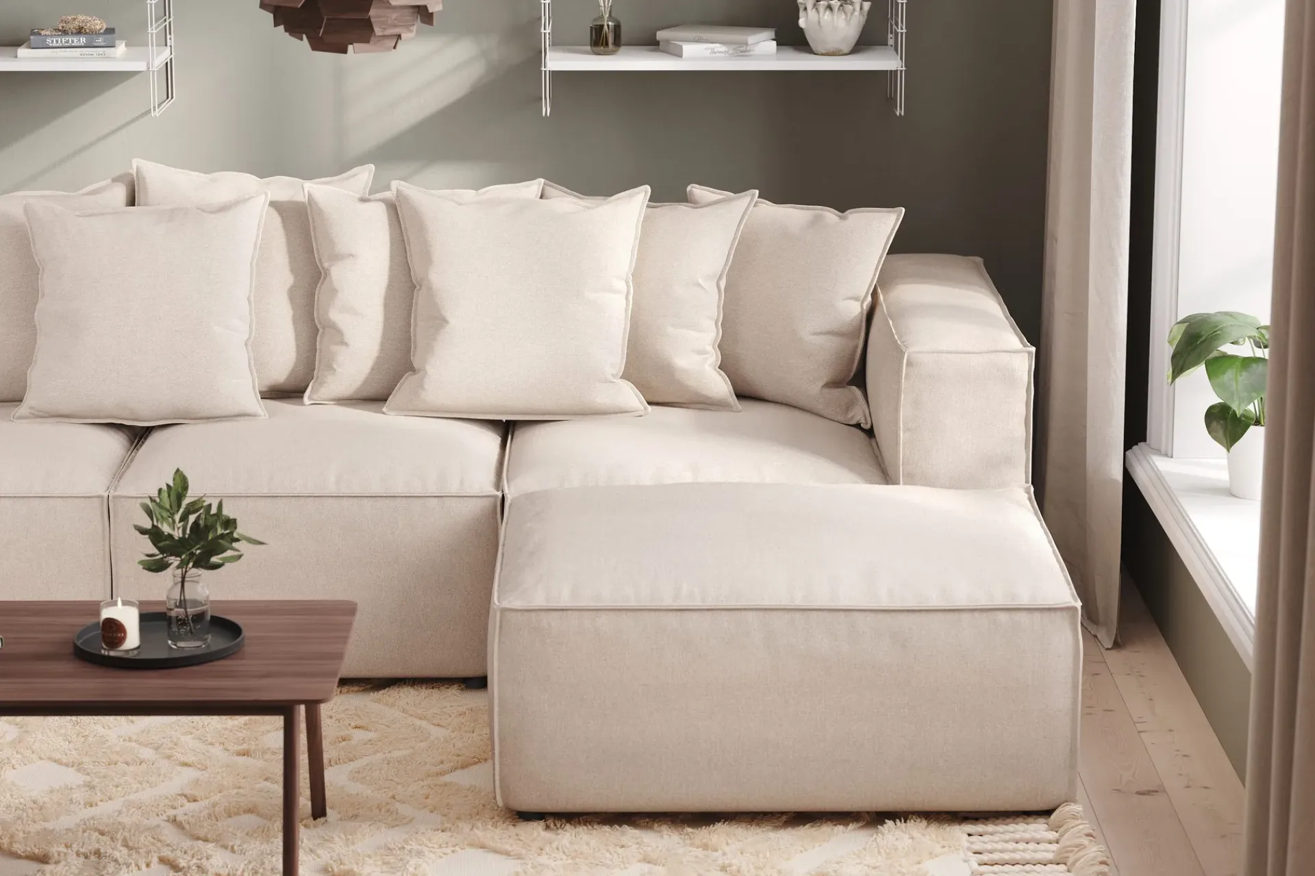 Andrarum Sofa Med Sjeselong-Cubo 4-seters Dyp Modulsofa med Divan i Stoff Beige