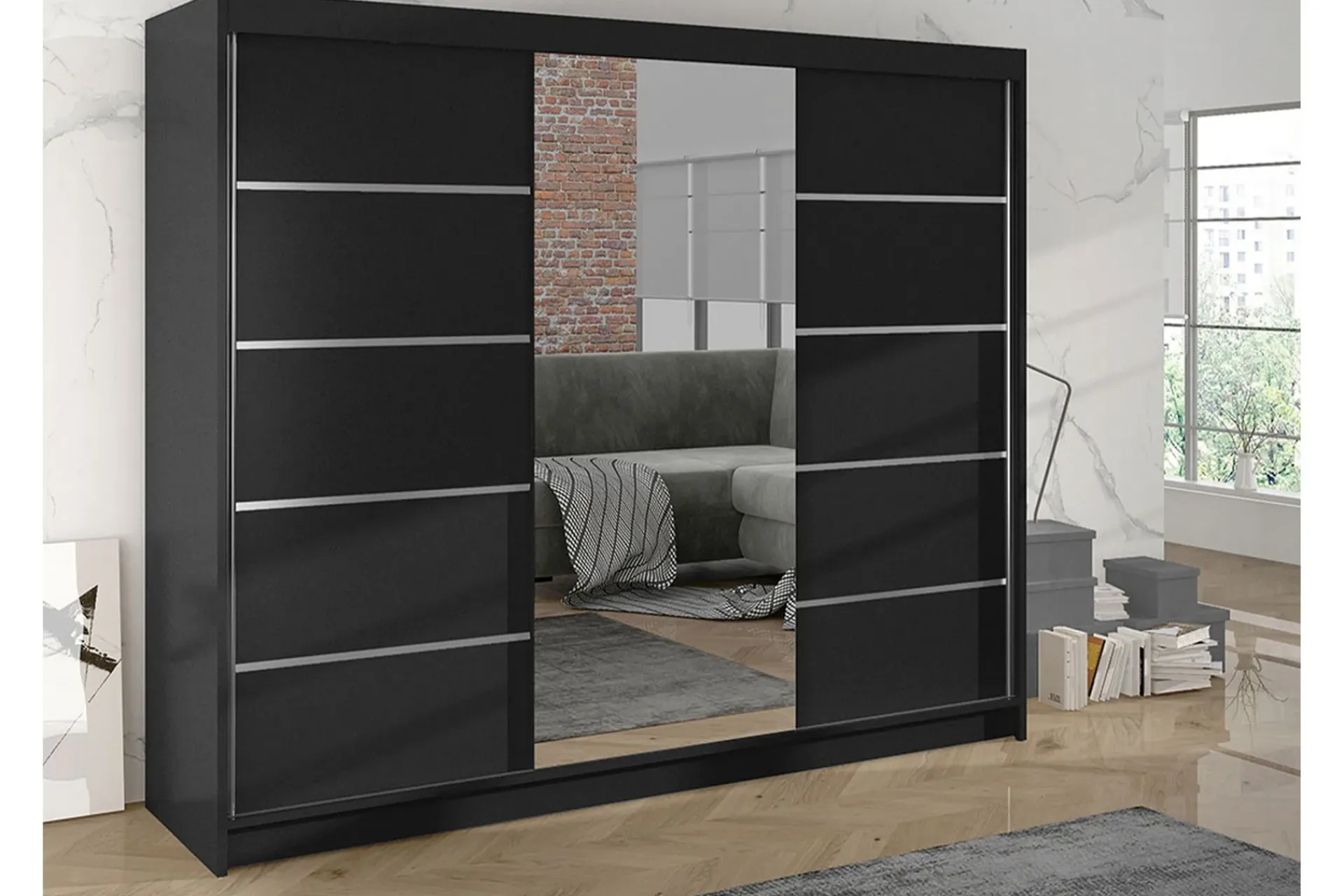 Vegghengt Oppbevaring|Knaggerekke-Cyria Garderobe med romslig Oppbevaring og Skyvedører med Speil 200x215 cm Svart