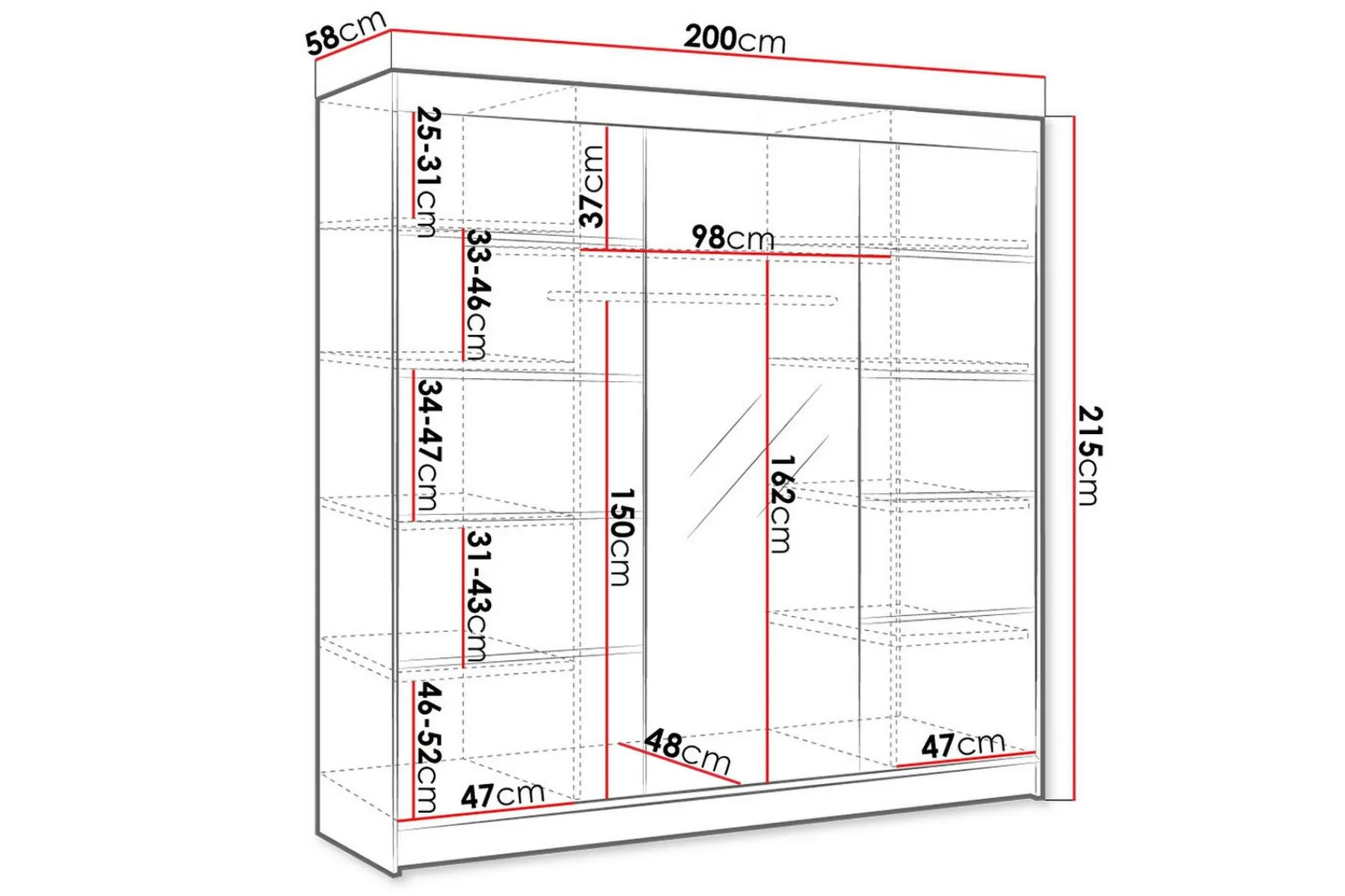 Vegghengt Oppbevaring|Knaggerekke-Cyria Garderobe med romslig Oppbevaring og Skyvedører med Speil 200x215 cm Svart