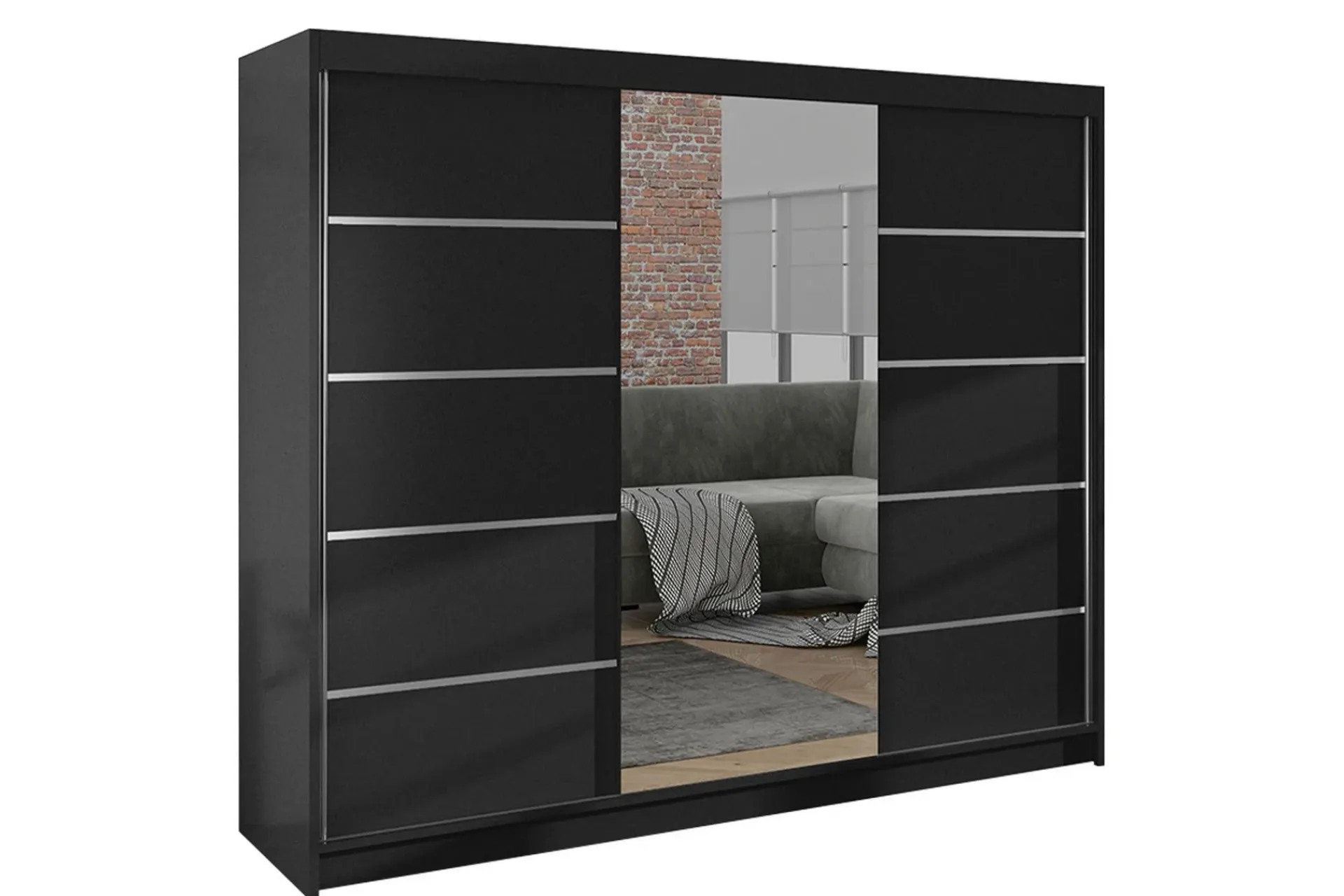 Vegghengt Oppbevaring|Knaggerekke-Cyria Garderobe med romslig Oppbevaring og Skyvedører med Speil 200x215 cm Svart