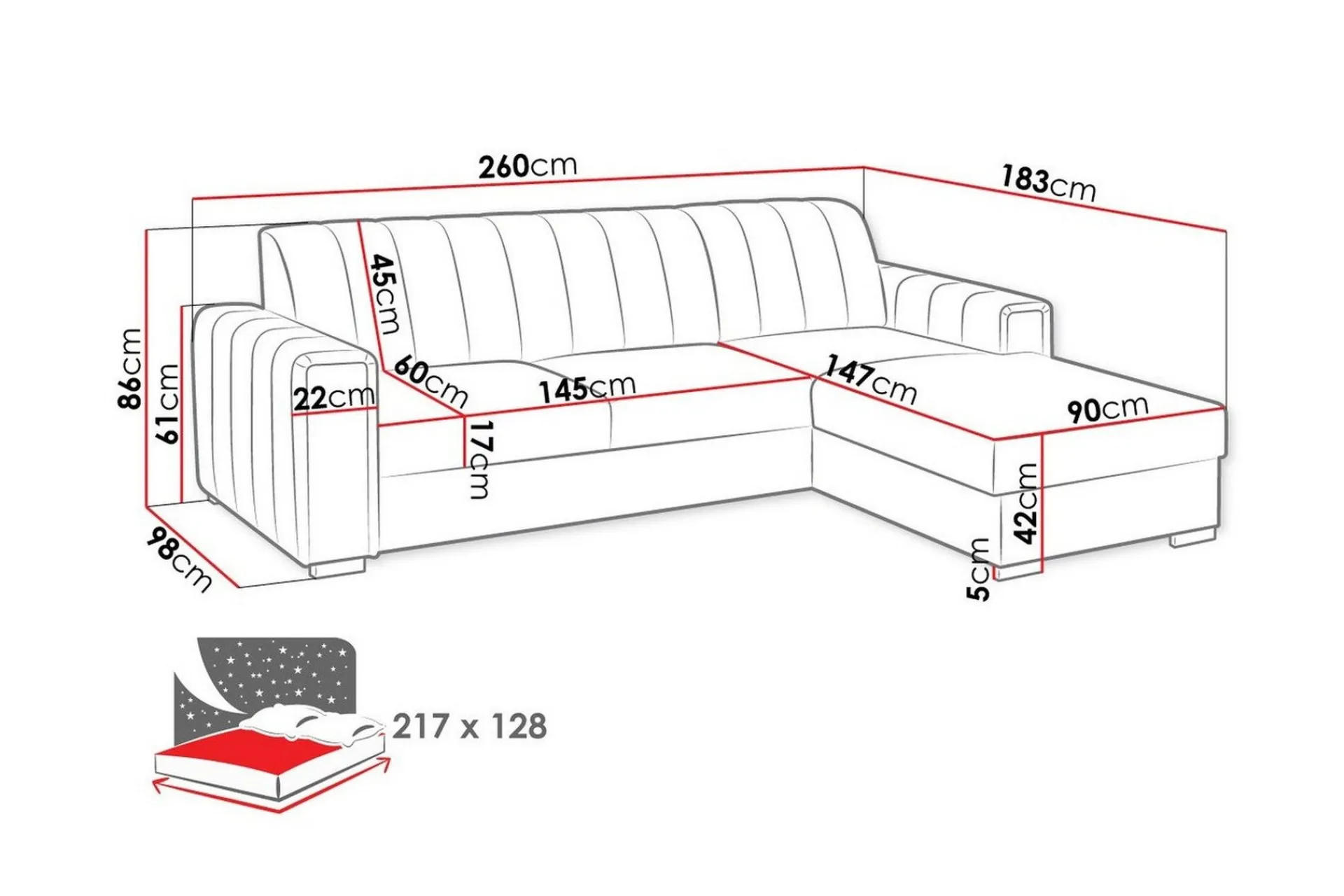 Sovesofaer-Denegal 3-sits Hörnbäddsoffa Black Svart