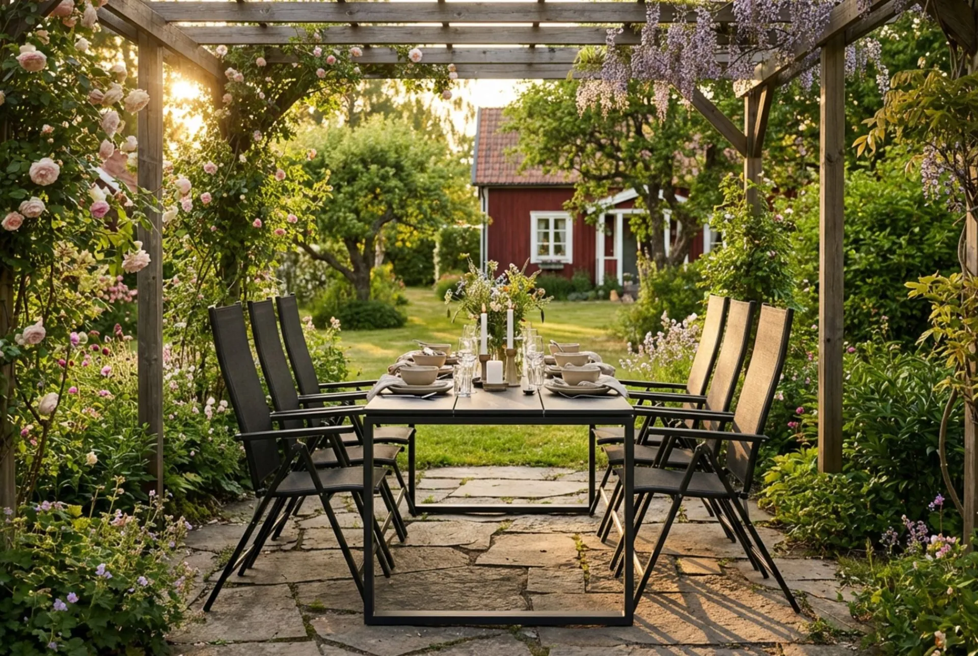 Comfort Garden Spisegrupper Hage-Devon utendørs spisegruppe 210x100 cm med 6 Sanna regulerbare stoler
