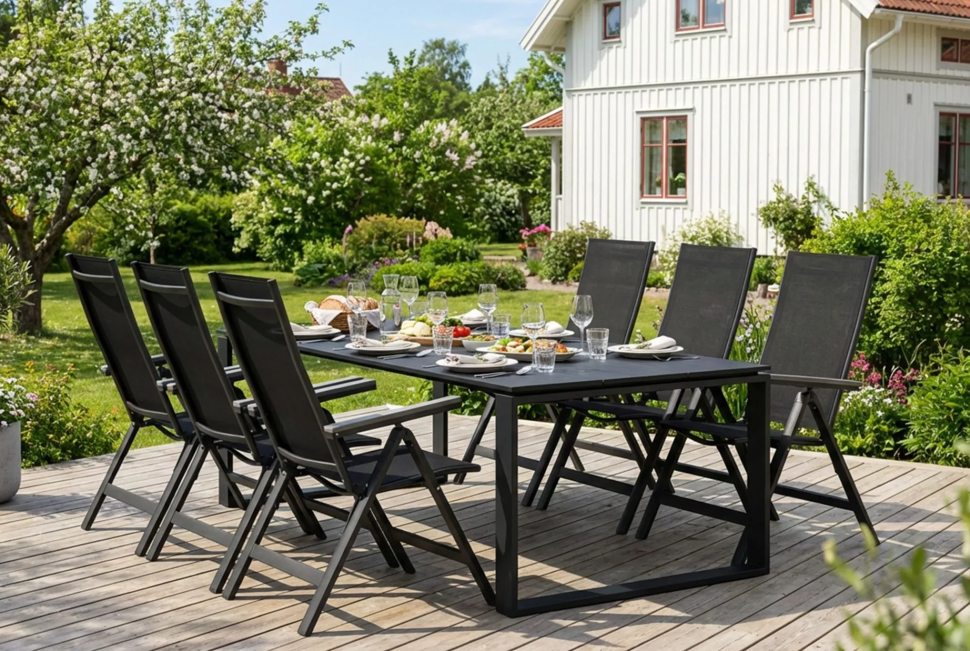 Comfort Garden Devon utendørs spisegruppe 210x100 cm med 6 Monaco Light regulerbare stoler