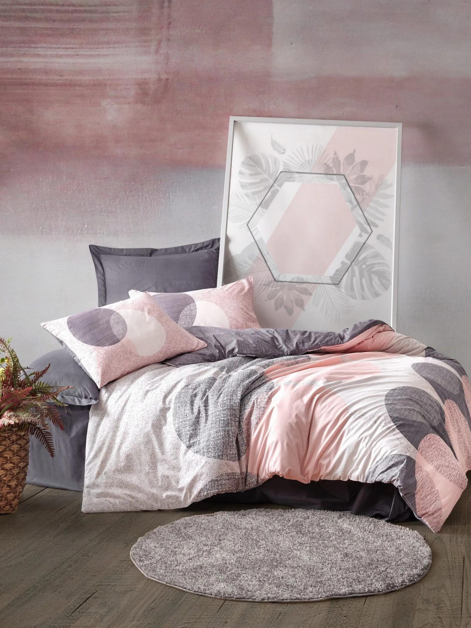 Sengetøysett & Dynetrekksett-Dilsah sengesett 200x200 cm grå rosa hvit