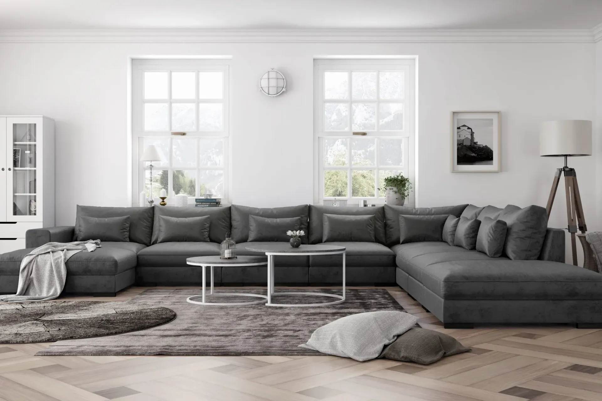 Scandinavian Choice Velour Sofa & Fløyel Sofa-Dubai stor U-modulsofa Large med divan høyre fløyel ekstra dyp Mørkegrå