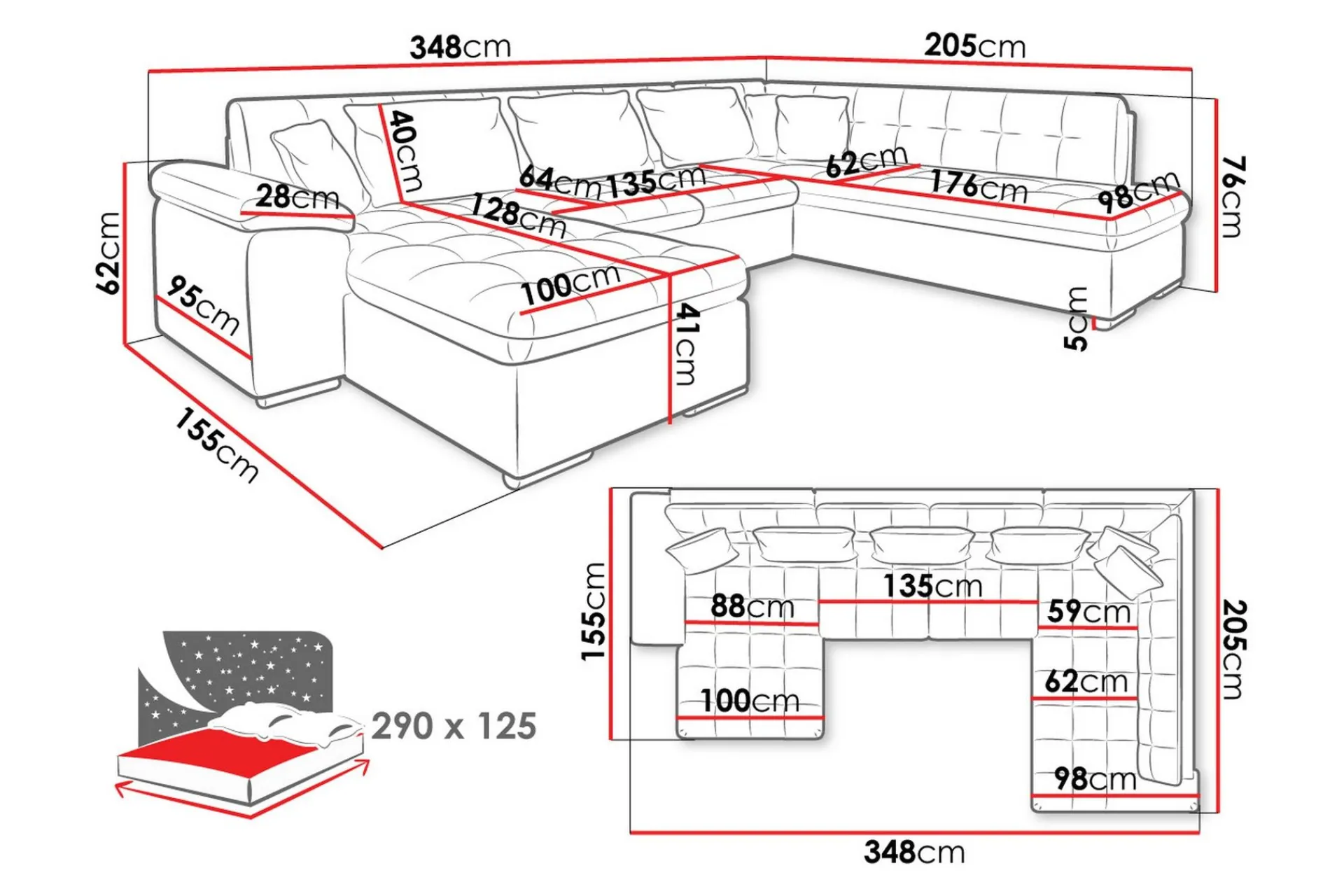 Majestic Furniture U-Sofa-Dynir Sofa med Sjeselong og Divan 4-seter Hvit,Svart