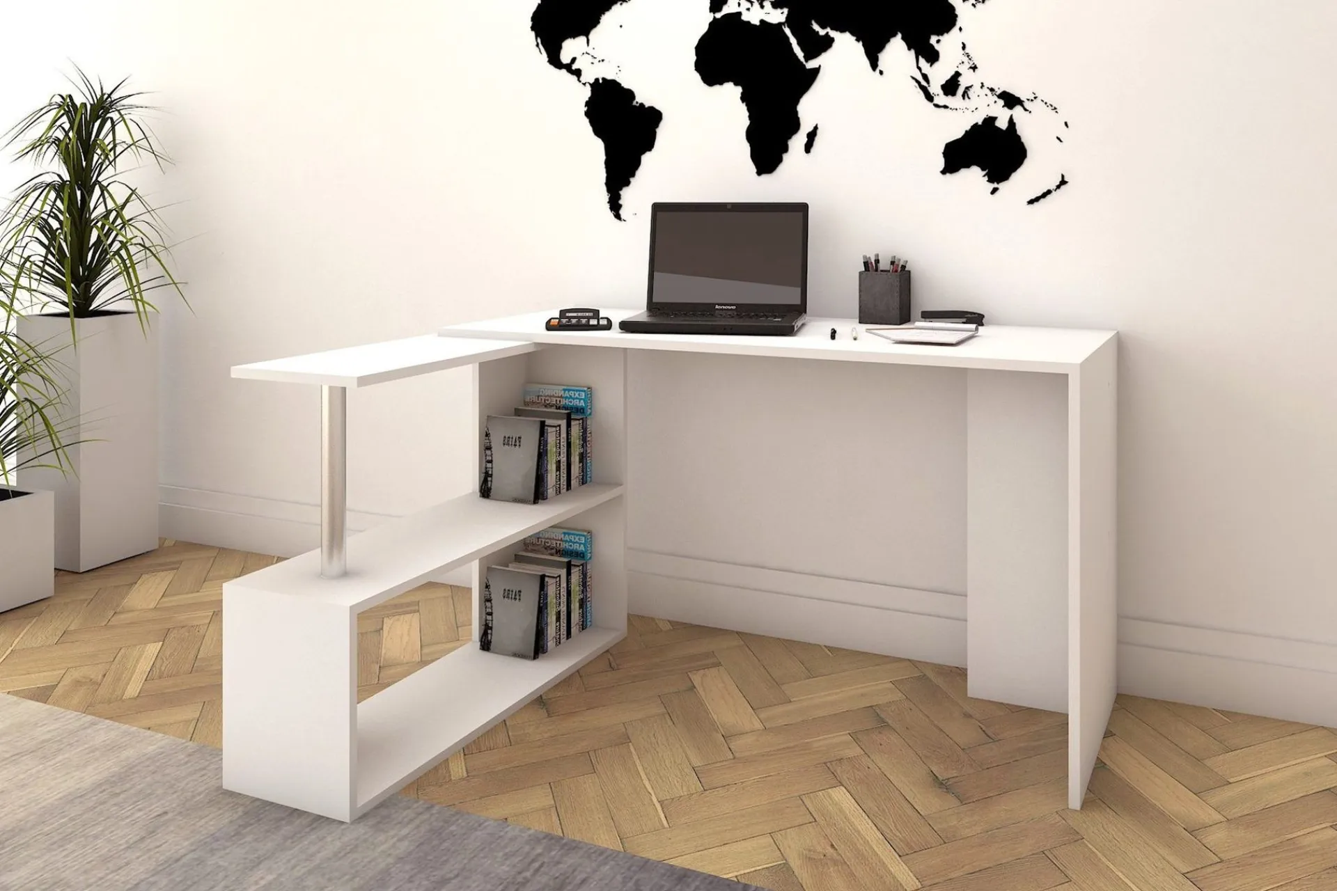 Kontorbord-Elegancia Skrivebord 130 cm med Oppbevaringshyller L-form Hvit