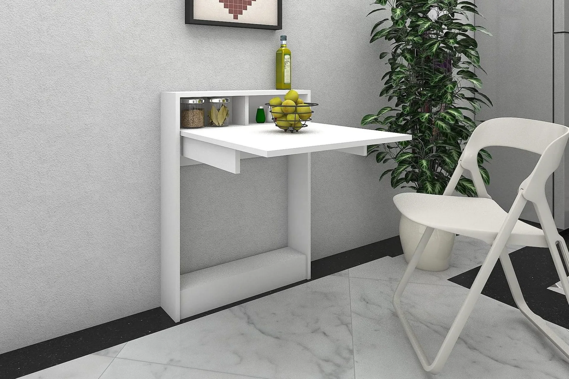 Kontorbord-Elegancia Veggskrivebord 70cm med Oppbevaringshylle Sammenle Hvit